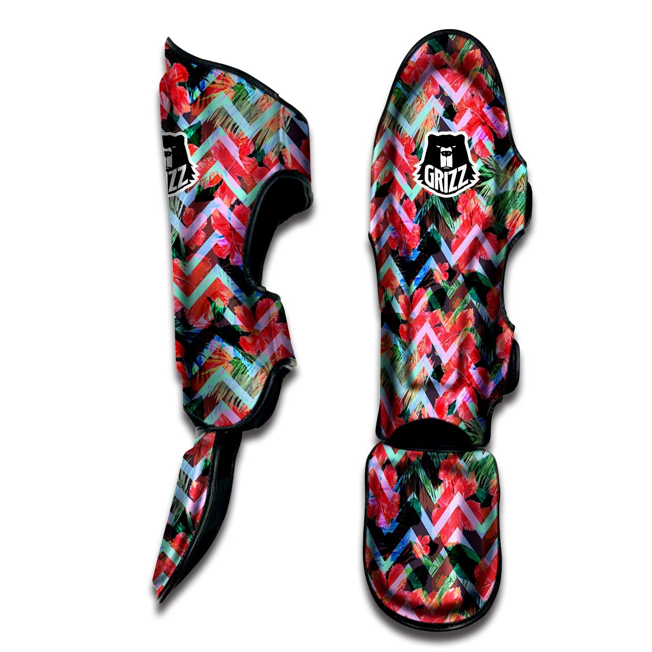 Chevron Red Hibiscus Print Pattern Muay Thai Shin Guards-grizzshop