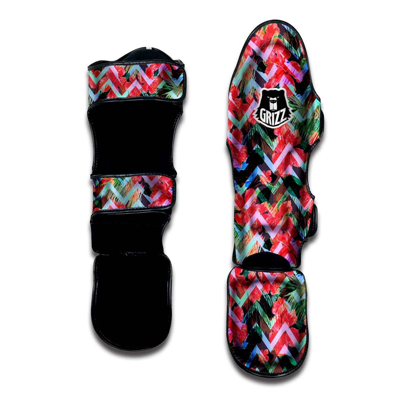 Chevron Red Hibiscus Print Pattern Muay Thai Shin Guards-grizzshop