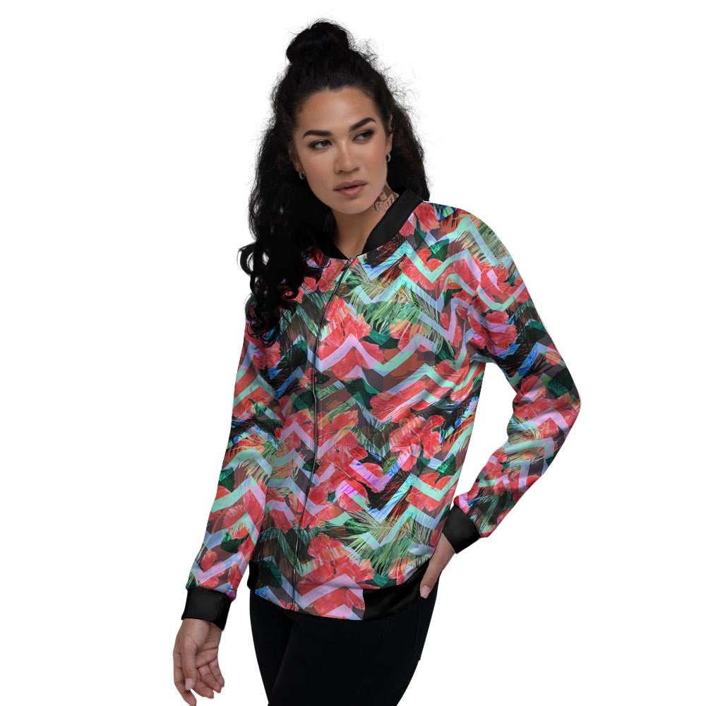 Chevron Red Hibiscus Print Pattern Women's Bomber Jacket-grizzshop