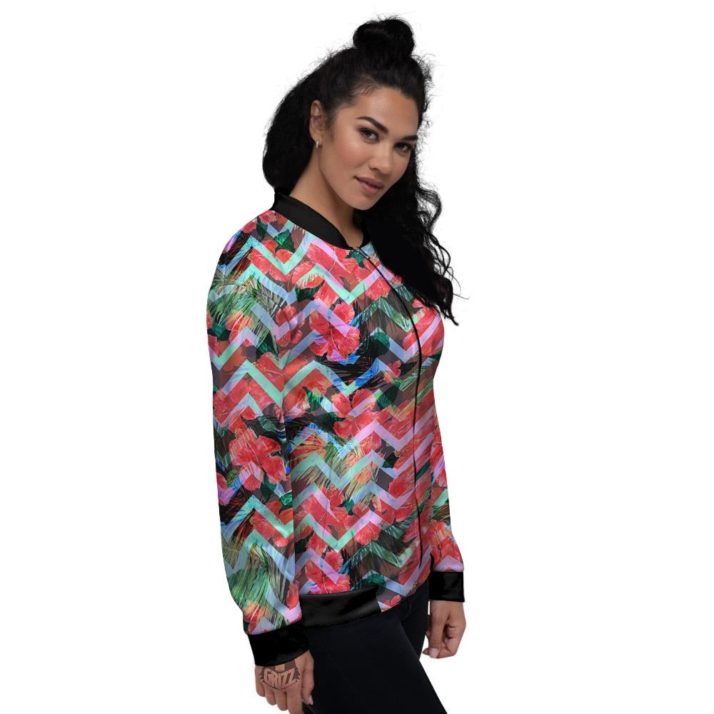 Chevron Red Hibiscus Print Pattern Women's Bomber Jacket-grizzshop