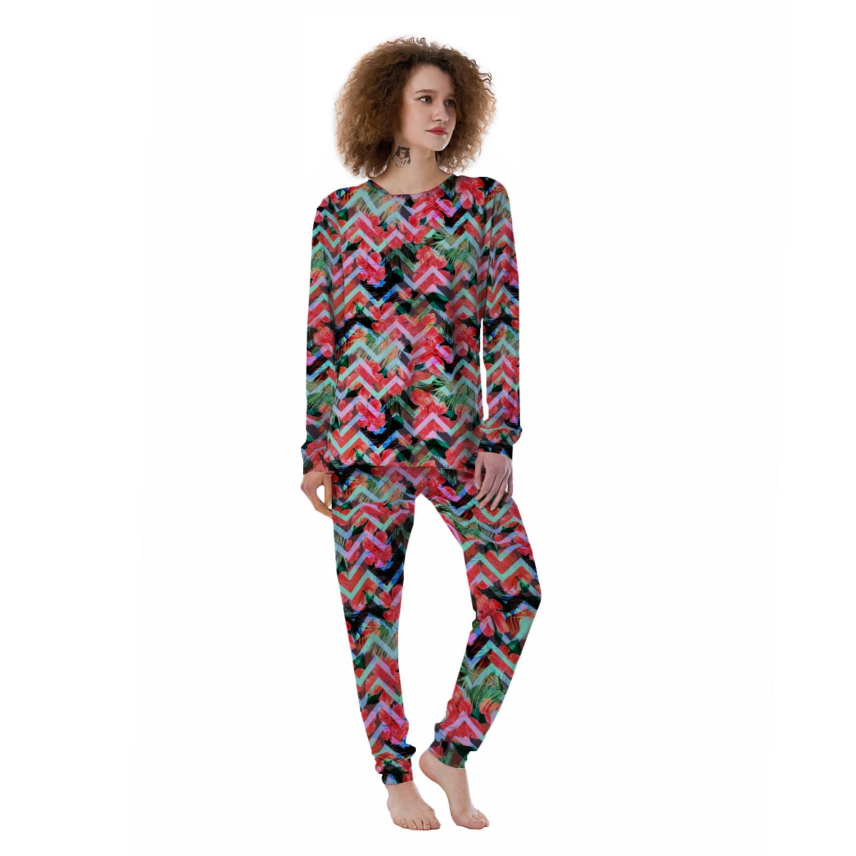 Chevron Red Hibiscus Print Pattern Women's Pajamas-grizzshop