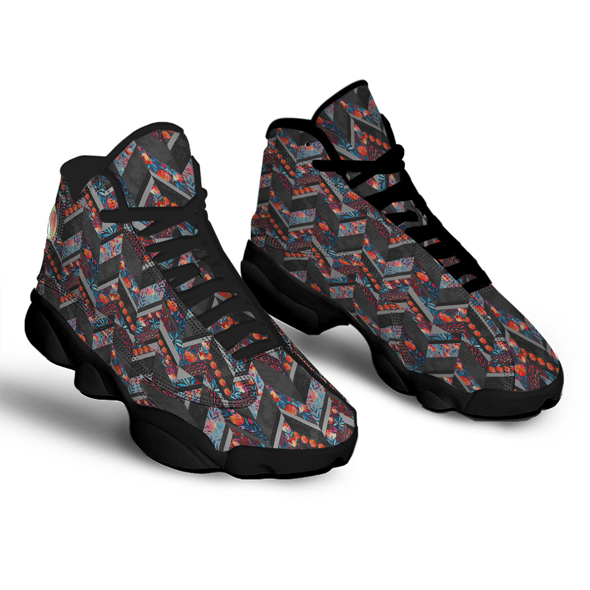 Chevron Watercolor Flowers Print Pattern Black Basketball Shoes-grizzshop