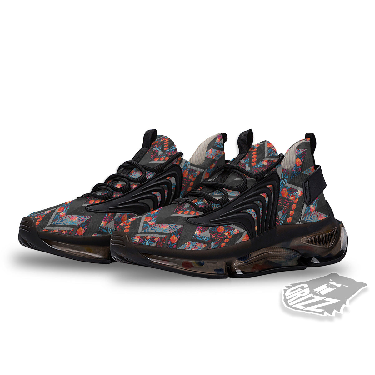 Chevron Watercolor Flowers Print Pattern Black Gym Shoes-grizzshop