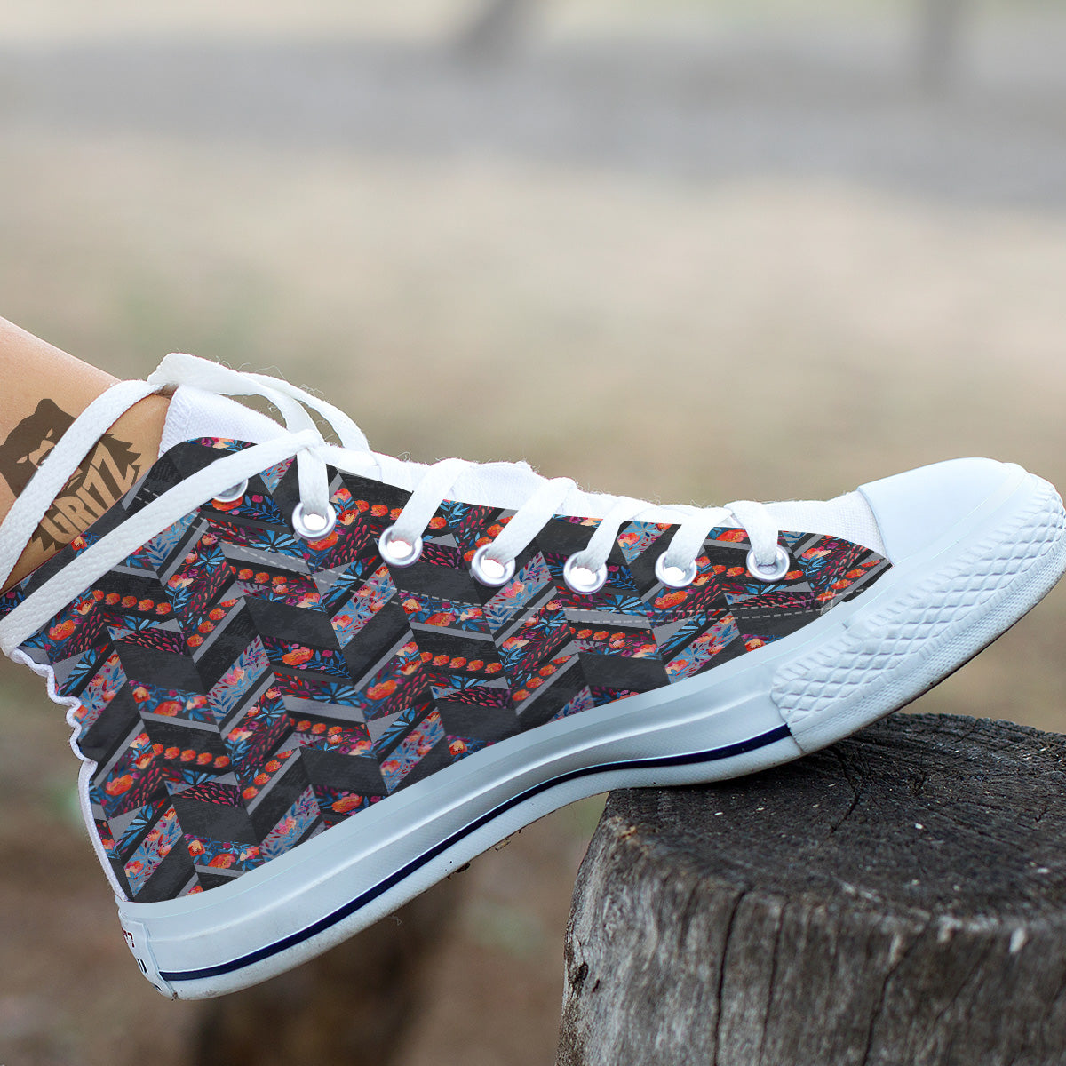 Chevron Watercolor Flowers Print Pattern White High Top Shoes-grizzshop