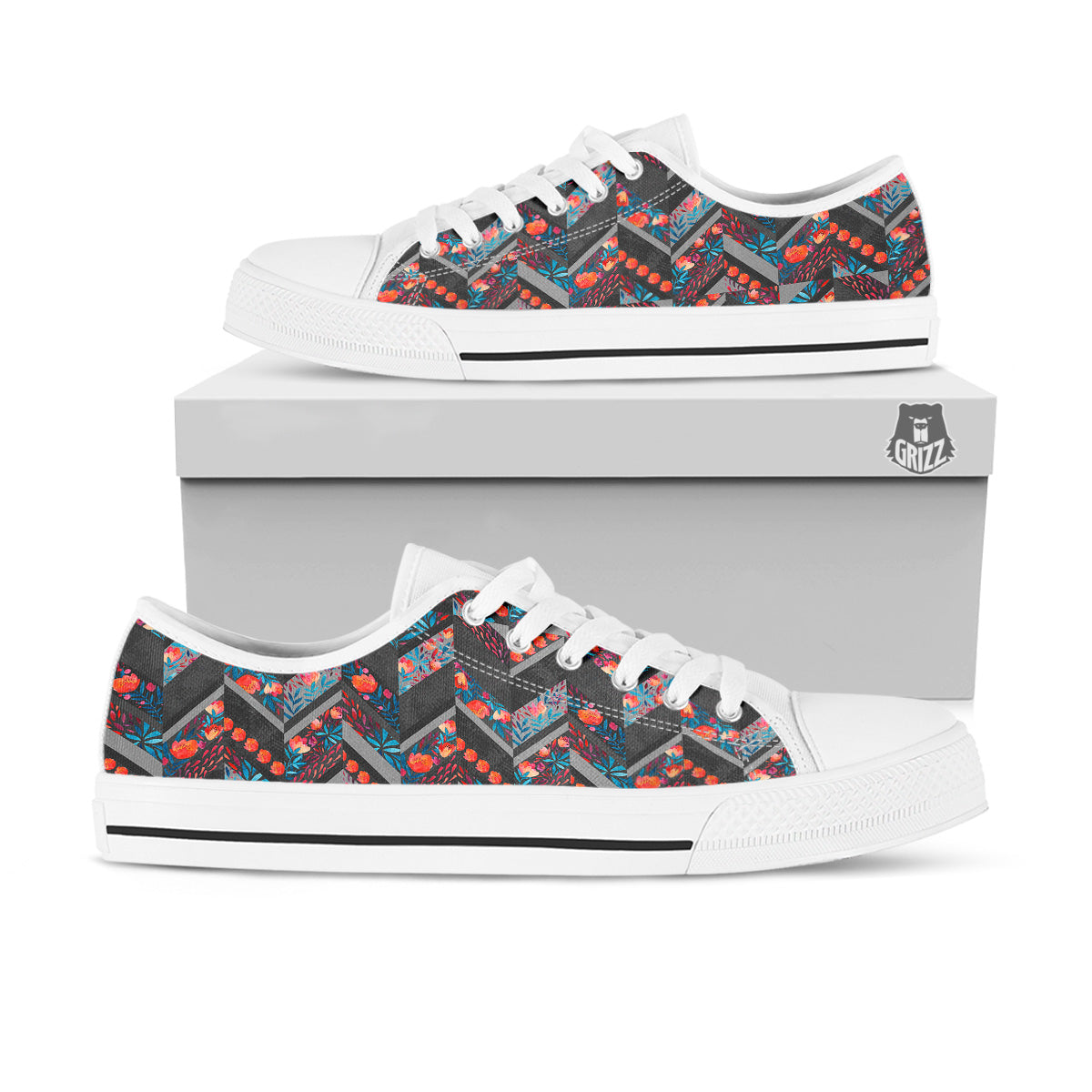Chevron Watercolor Flowers Print Pattern White Low Top Shoes-grizzshop