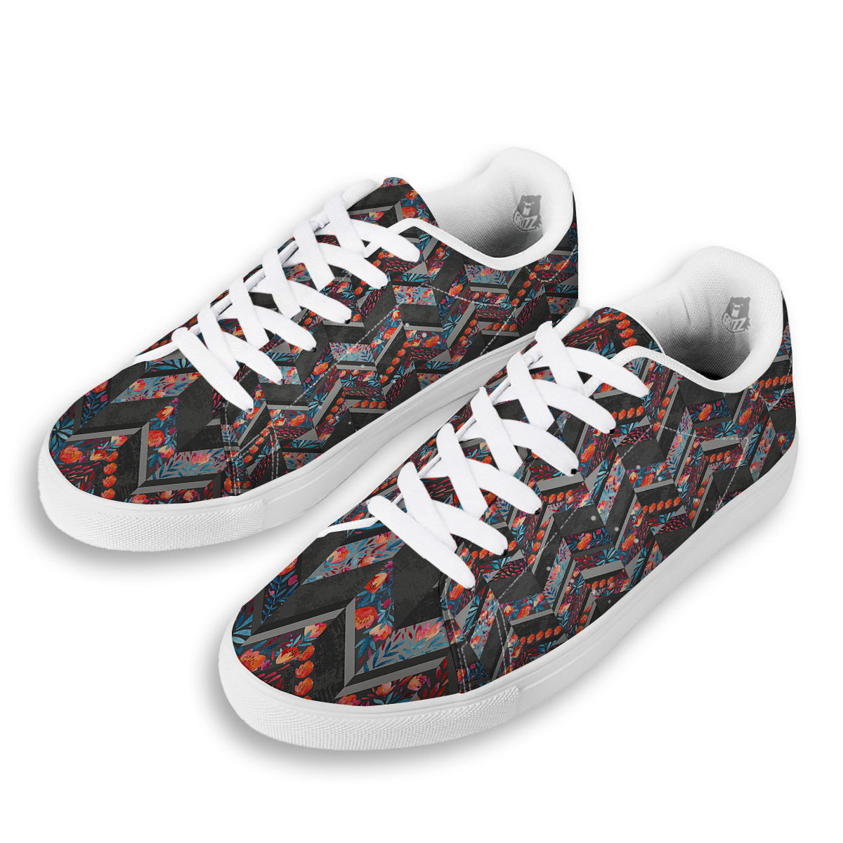 Chevron Watercolor Flowers Print Pattern White Low Top Sneakers-grizzshop