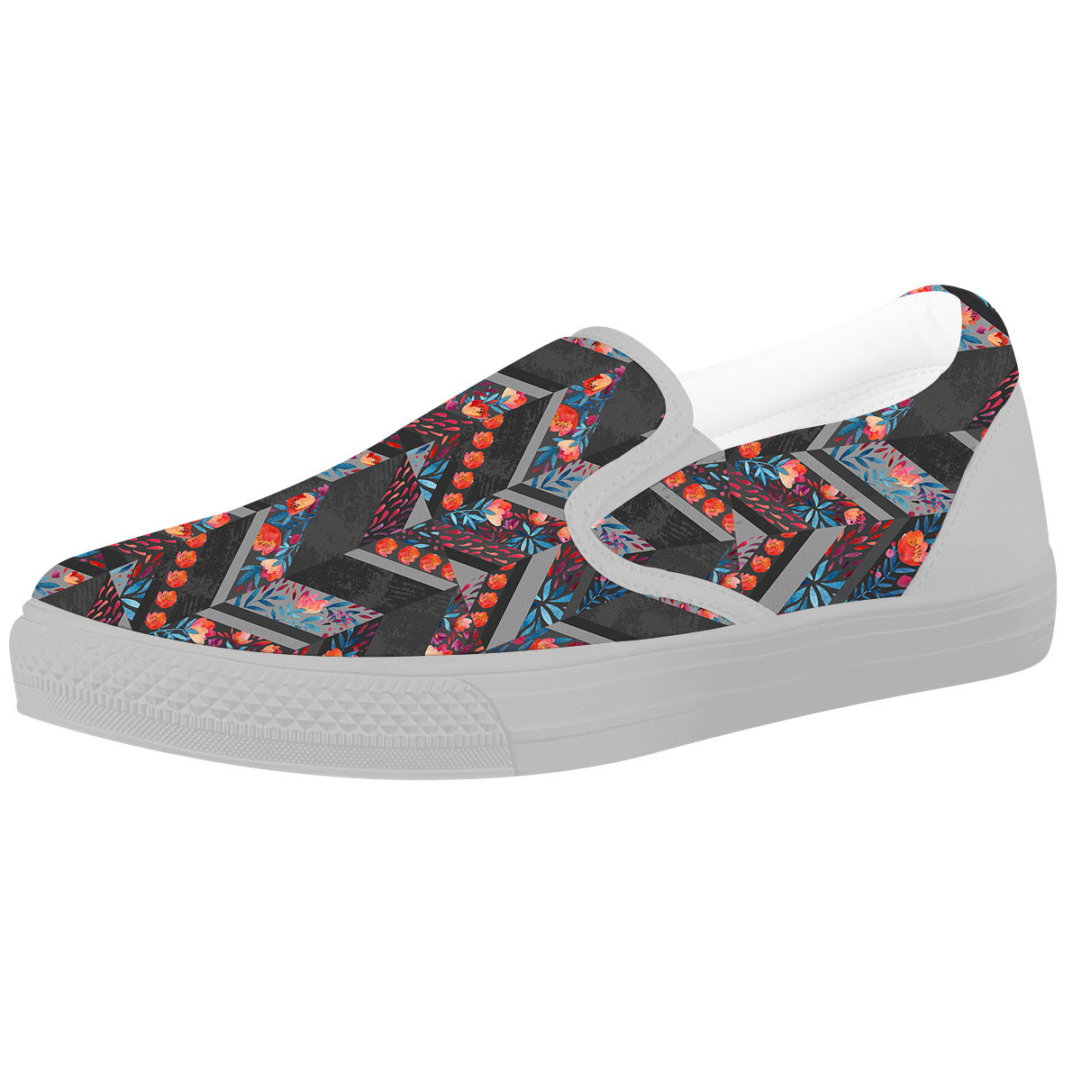 Chevron Watercolor Flowers Print Pattern White Slip On Shoes-grizzshop