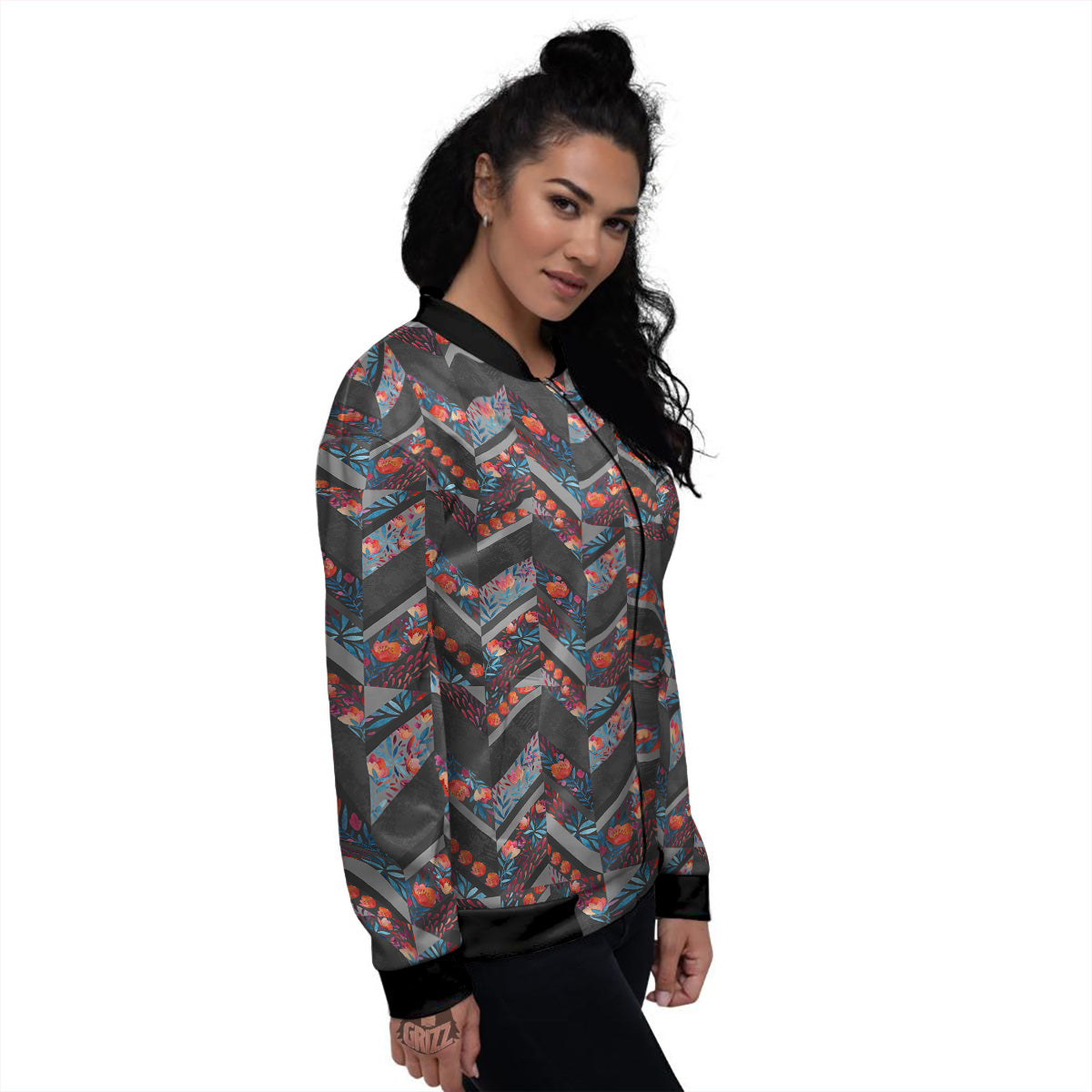 Chevron Watercolor Flowers Print Pattern Women's Bomber Jacket-grizzshop