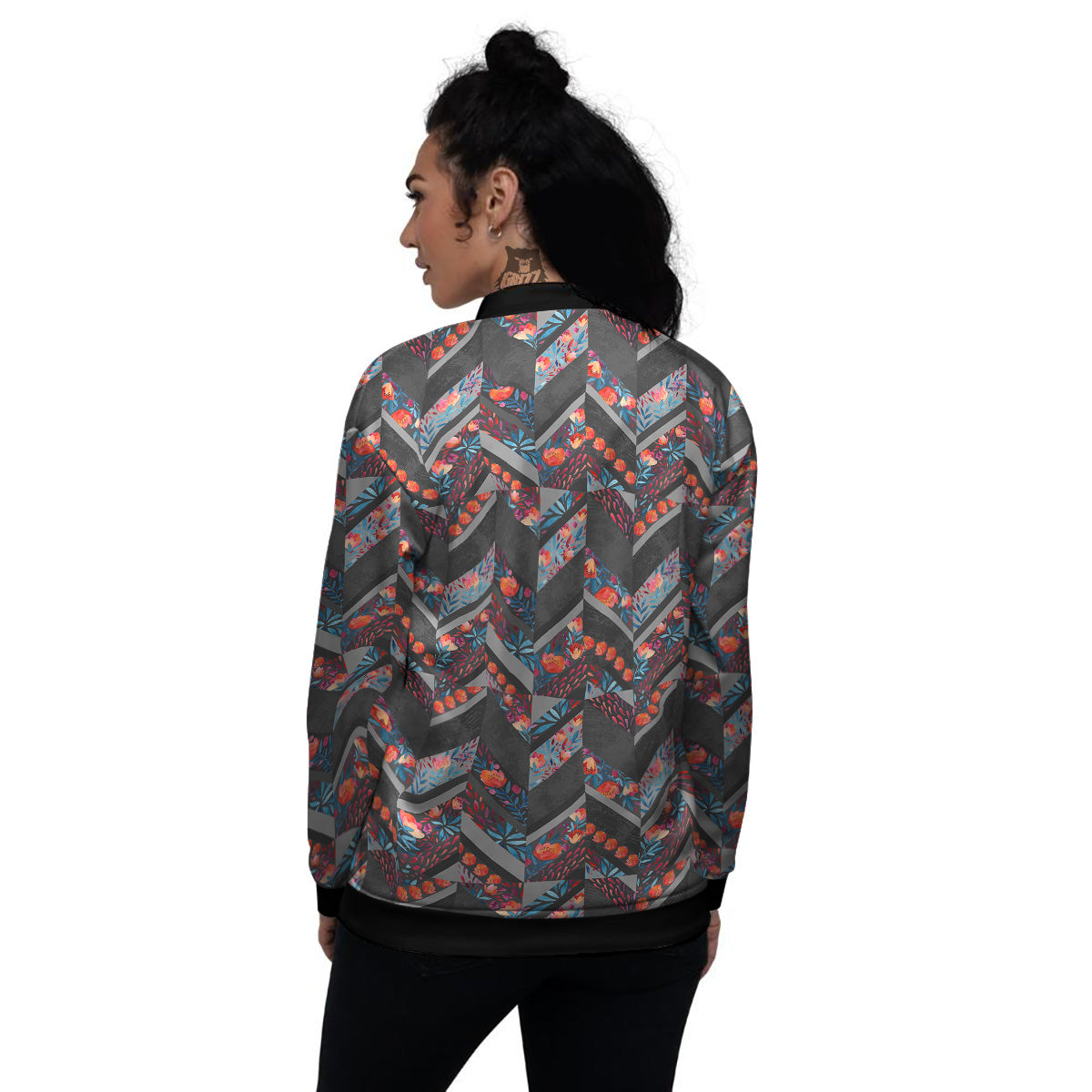 Chevron Watercolor Flowers Print Pattern Women's Bomber Jacket-grizzshop
