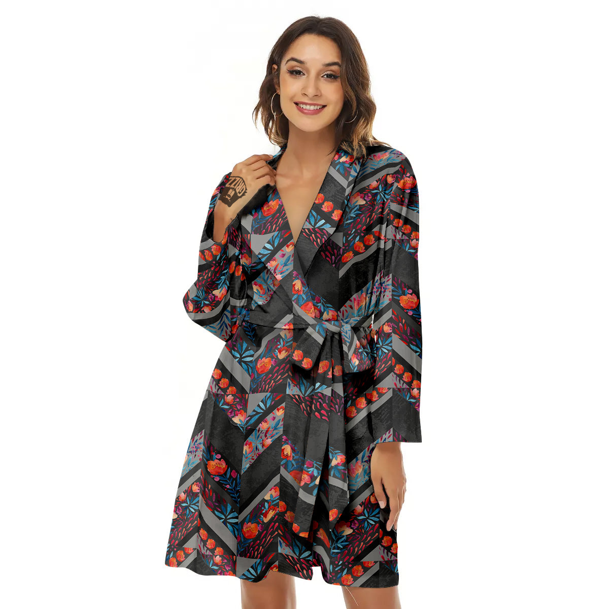 Chevron Watercolor Flowers Print Pattern Women's Robe-grizzshop