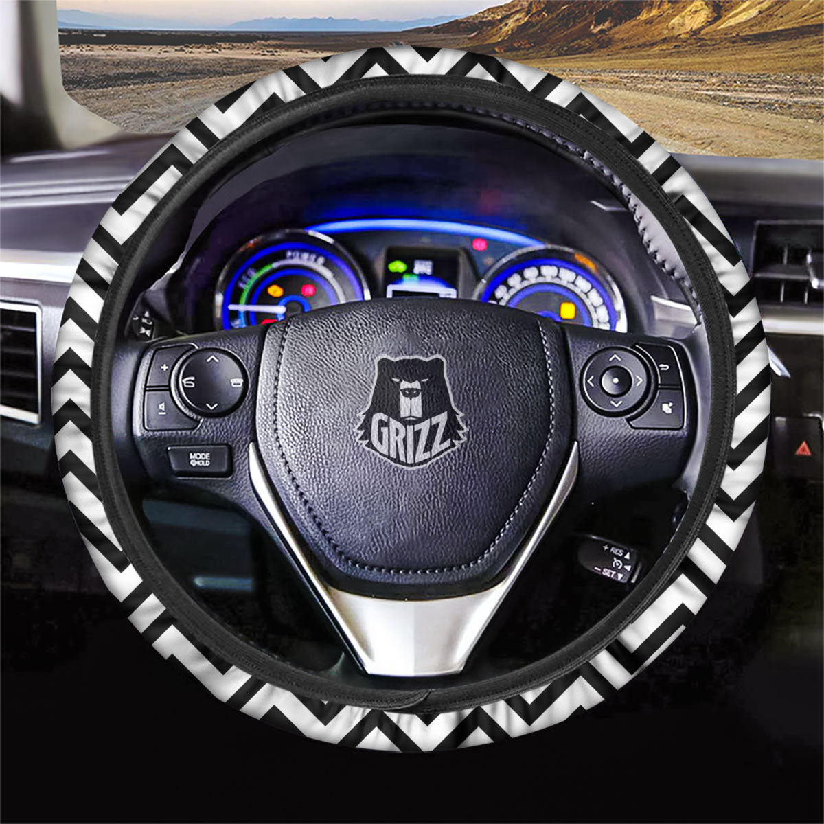 Chevron White And Black Print Pattern Car Steering Wheel Cover-grizzshop