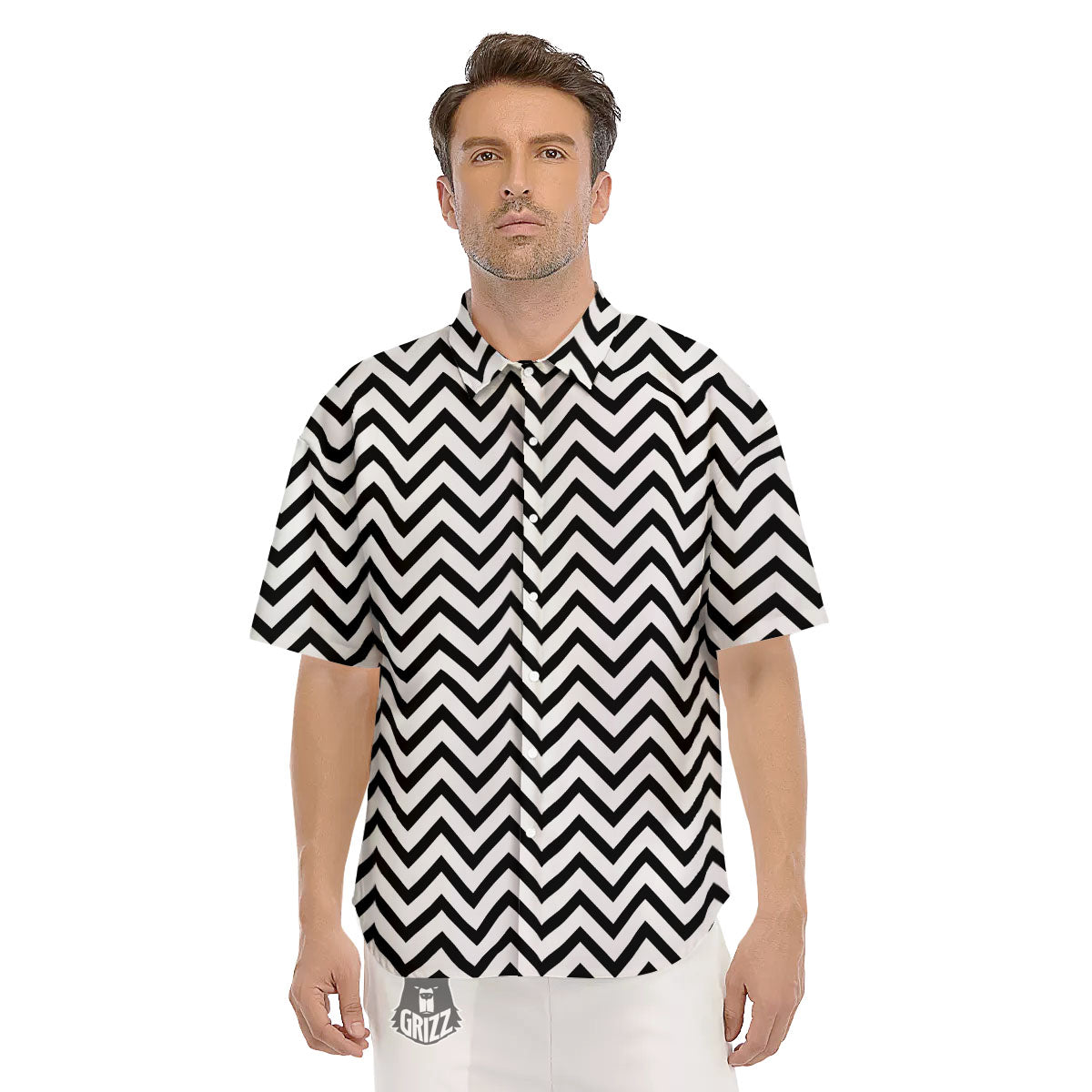 Chevron White And Black Print Pattern Men's Short Sleeve Shirts-grizzshop