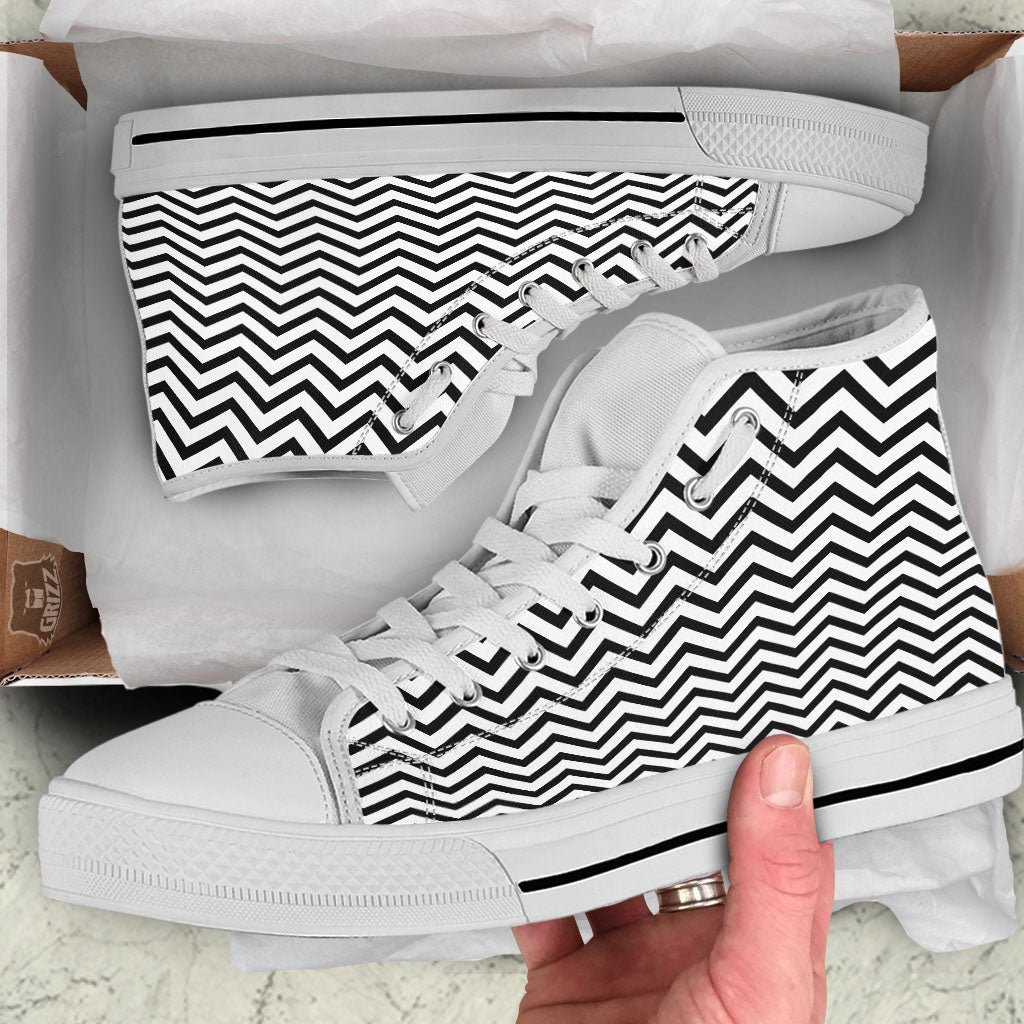 Chevron White And Black Print Pattern White High Top Shoes-grizzshop