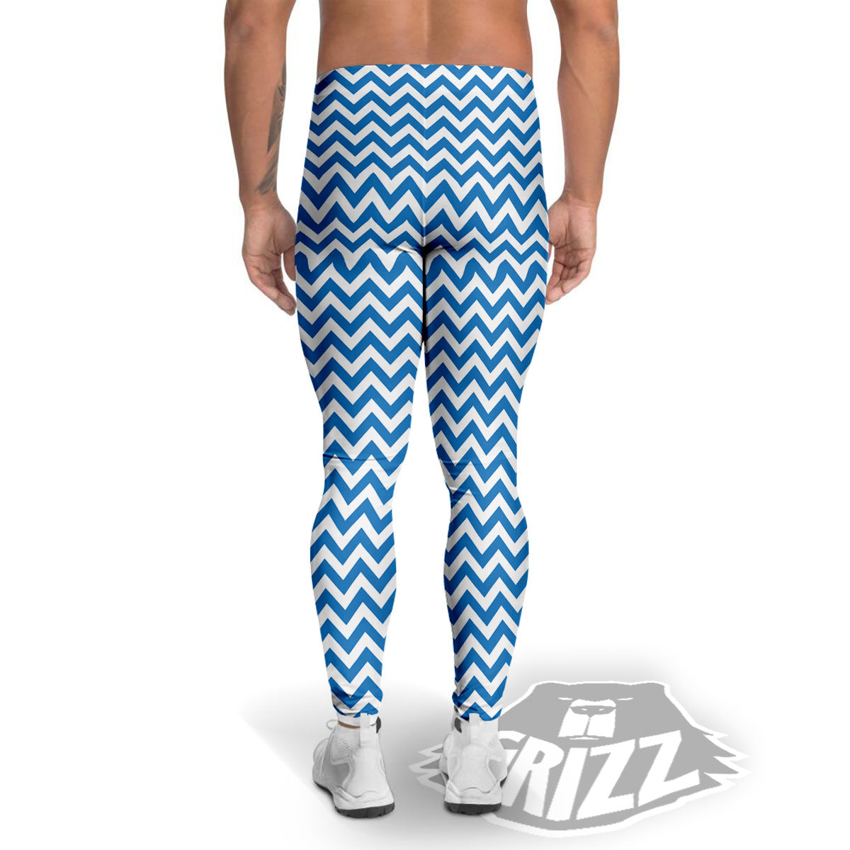 Chevron White And Blue Print Pattern Men's Leggings-grizzshop