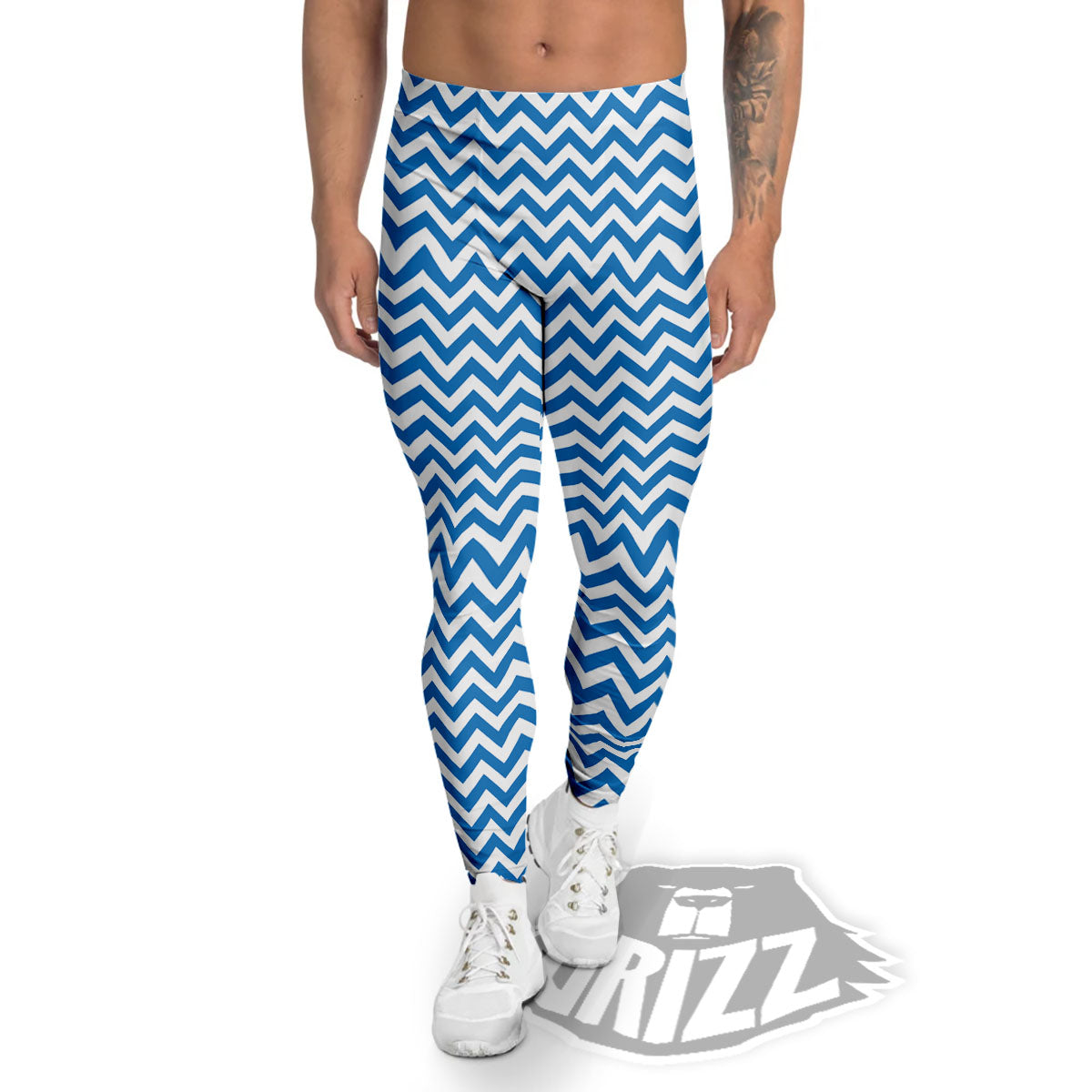 Chevron White And Blue Print Pattern Men's Leggings-grizzshop