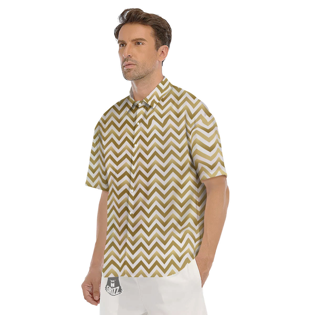 Chevron White And Gold Print Pattern Men's Short Sleeve Shirts-grizzshop