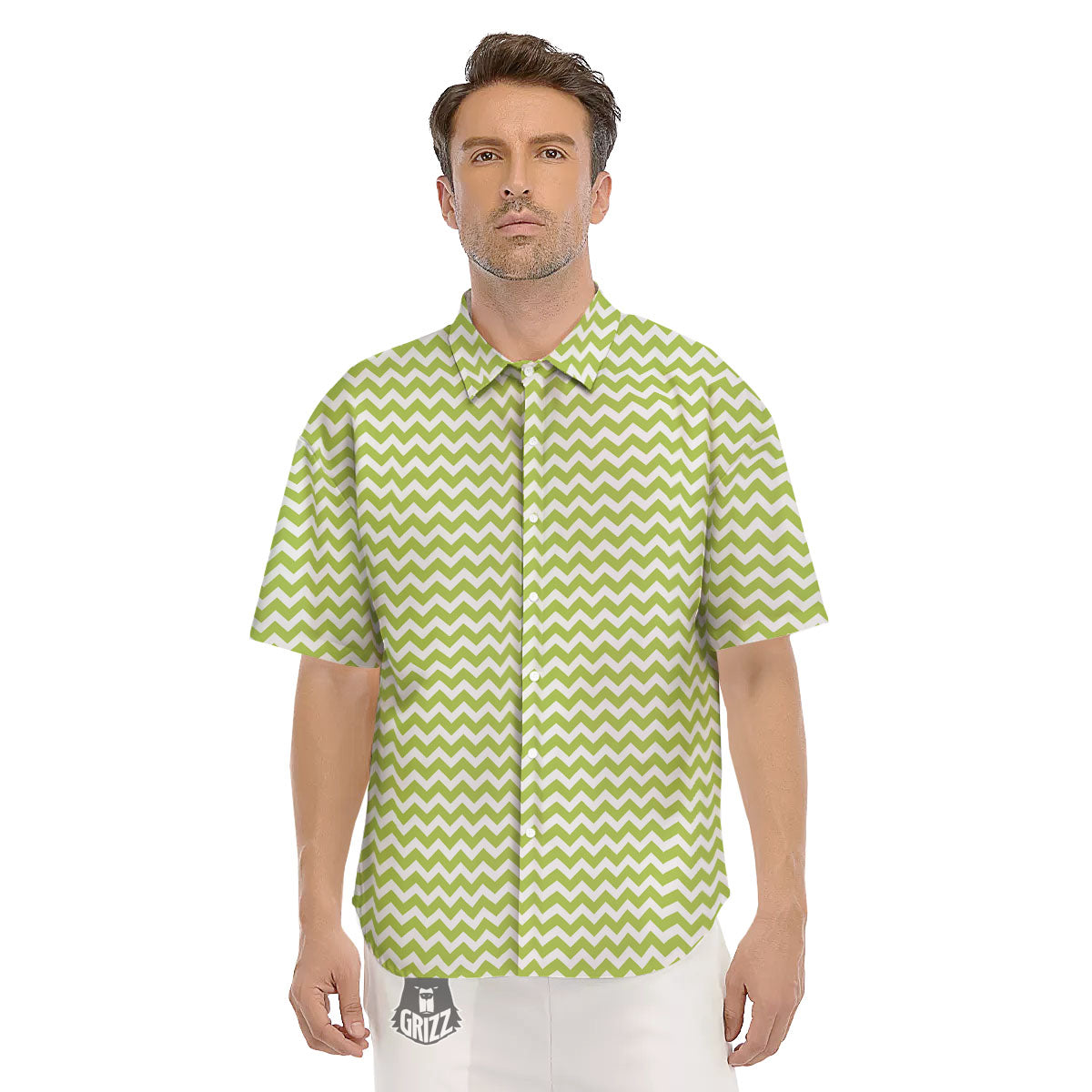 Chevron White And Green Print Pattern Men's Short Sleeve Shirts-grizzshop