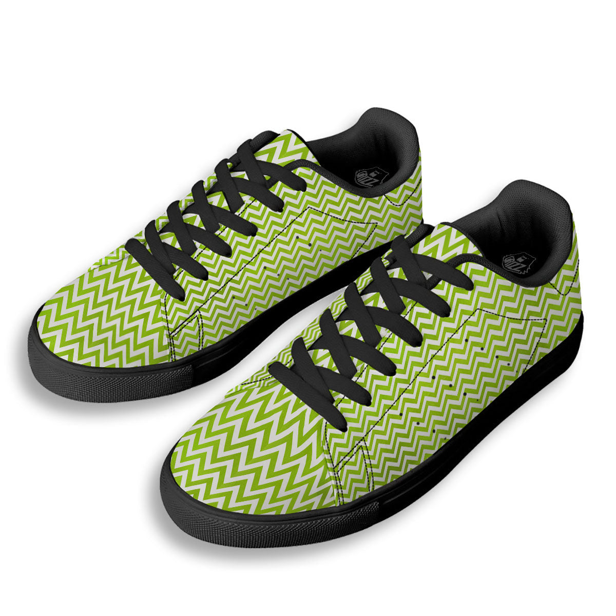 Chevron White And Lime Green Print Black Low Top Sneakers-grizzshop