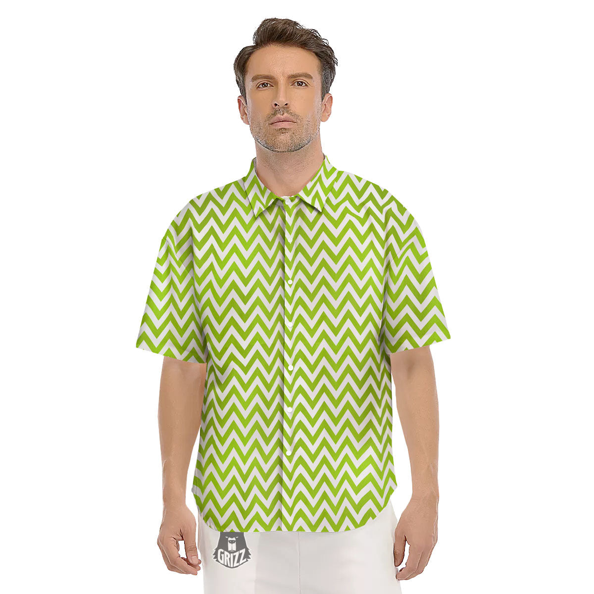 Chevron White And Lime Green Print Men's Short Sleeve Shirts-grizzshop