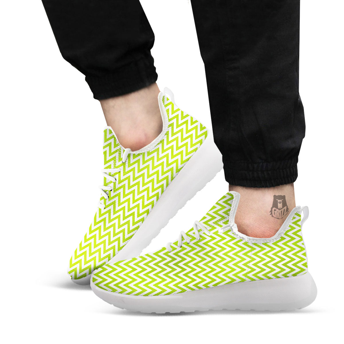 Chevron White And Lime Green Print White Athletic Shoes-grizzshop