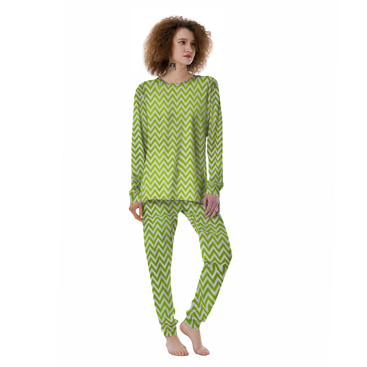 Chevron White And Lime Green Print Women's Pajamas-grizzshop