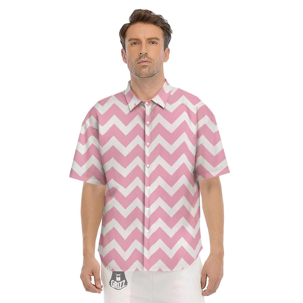 Chevron White And Pink Print Pattern Men's Short Sleeve Shirts-grizzshop