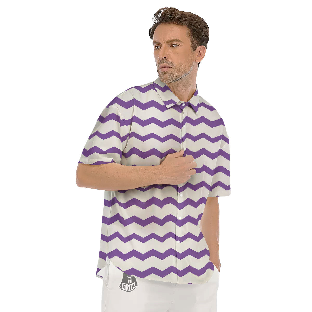 Chevron White And Purple Print Pattern Men's Short Sleeve Shirts-grizzshop