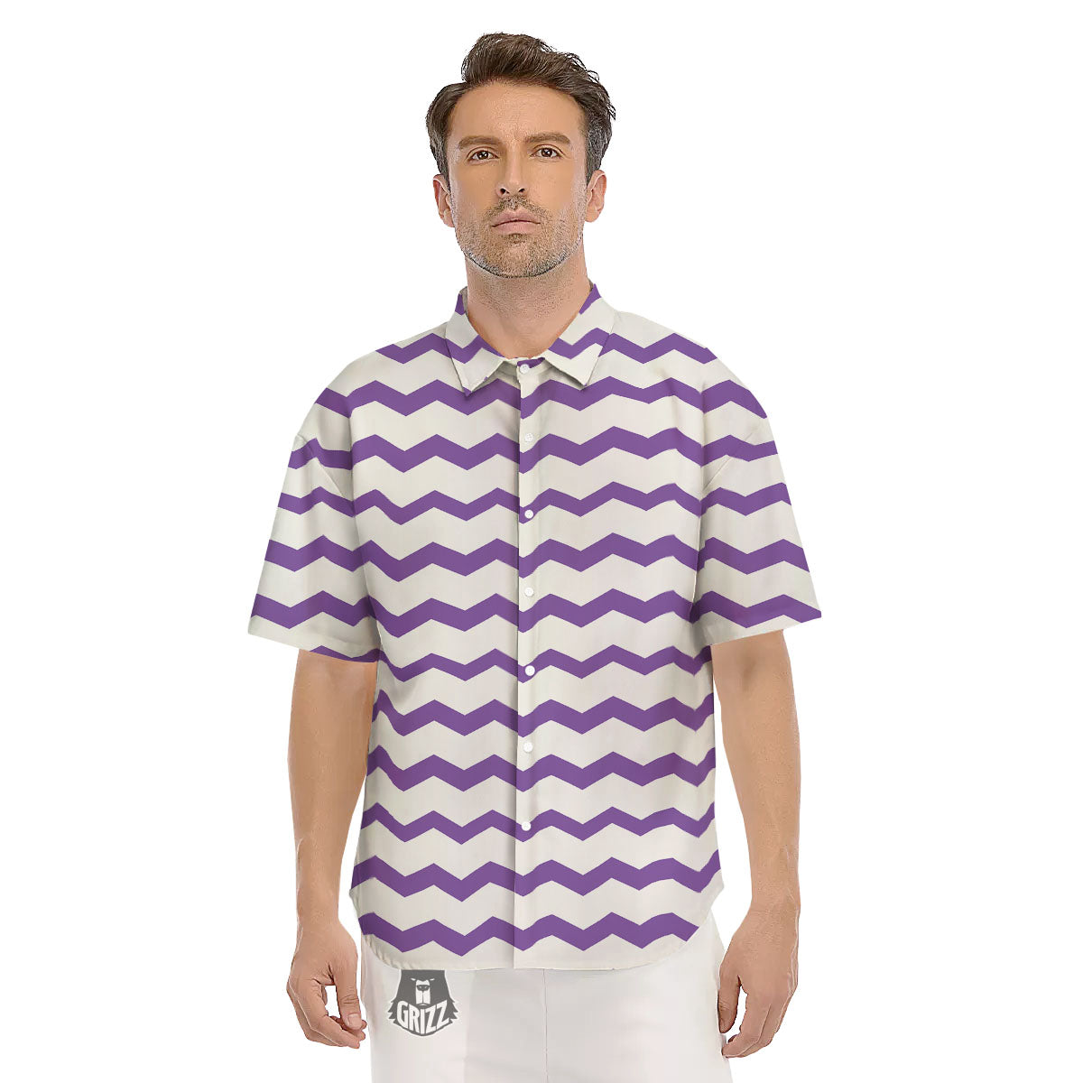 Chevron White And Purple Print Pattern Men's Short Sleeve Shirts-grizzshop