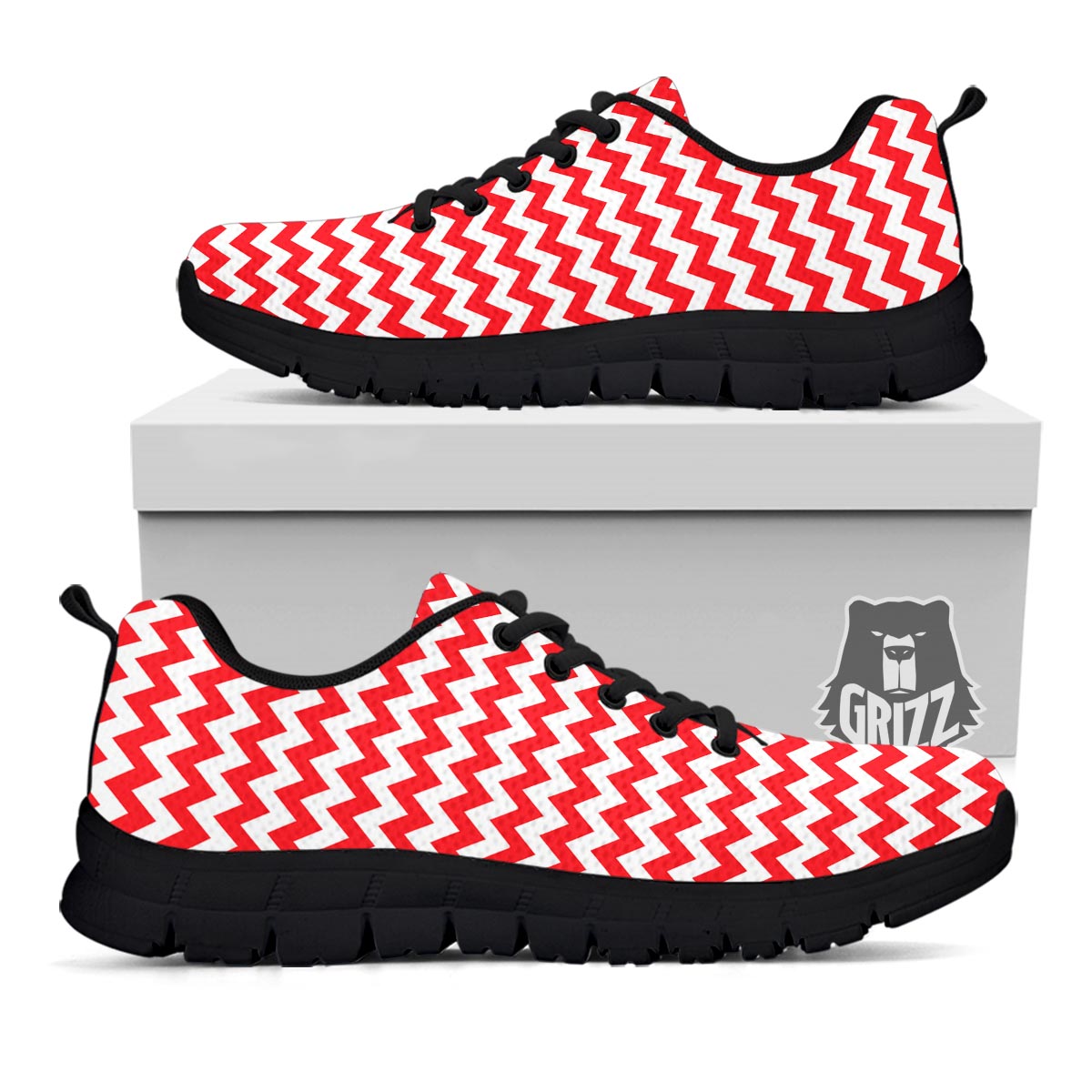 Chevron White And Red Print Pattern Black Sneaker-grizzshop