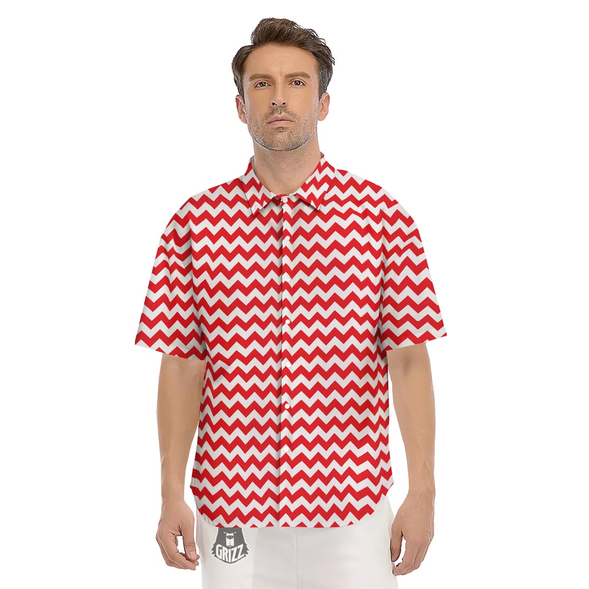 Chevron White And Red Print Pattern Men's Short Sleeve Shirts-grizzshop