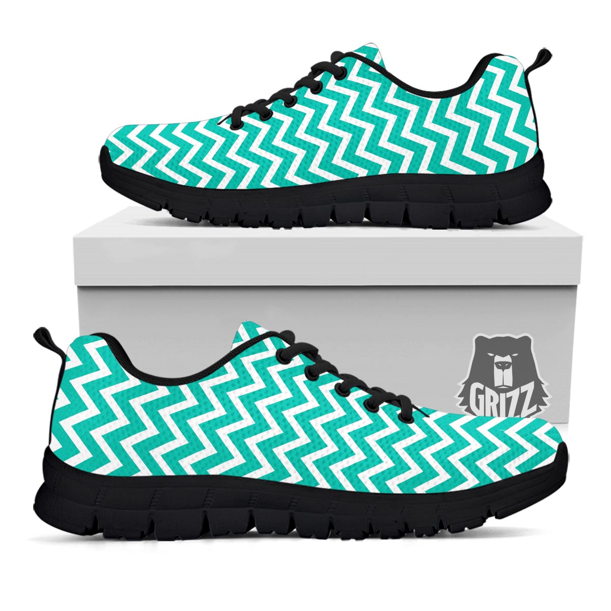 Chevron White And Teal Print Pattern Black Sneaker-grizzshop