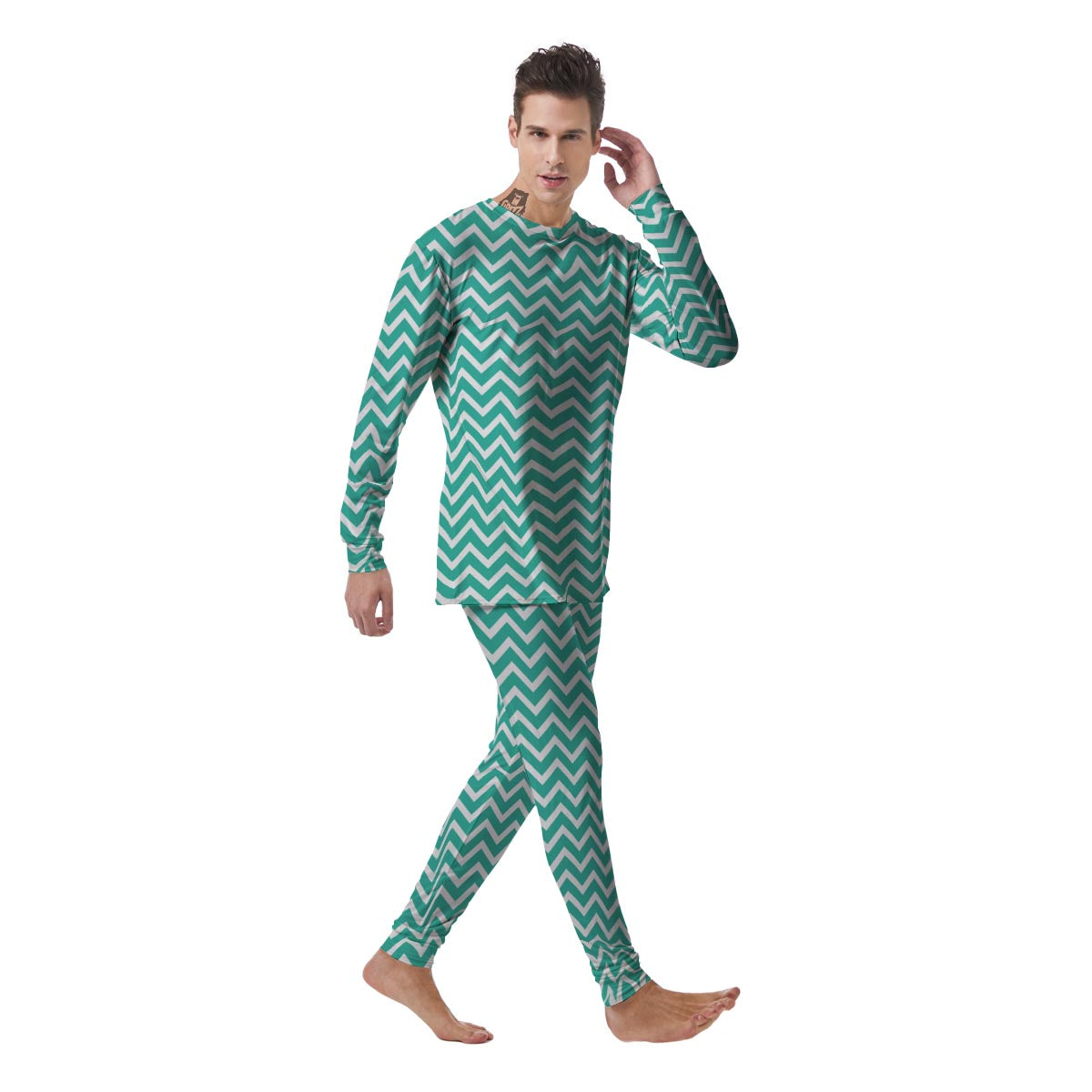 Chevron White And Teal Print Pattern Men's Pajamas-grizzshop