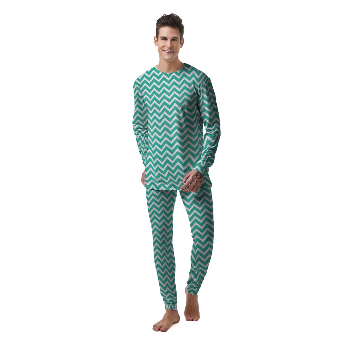 Chevron White And Teal Print Pattern Men's Pajamas-grizzshop