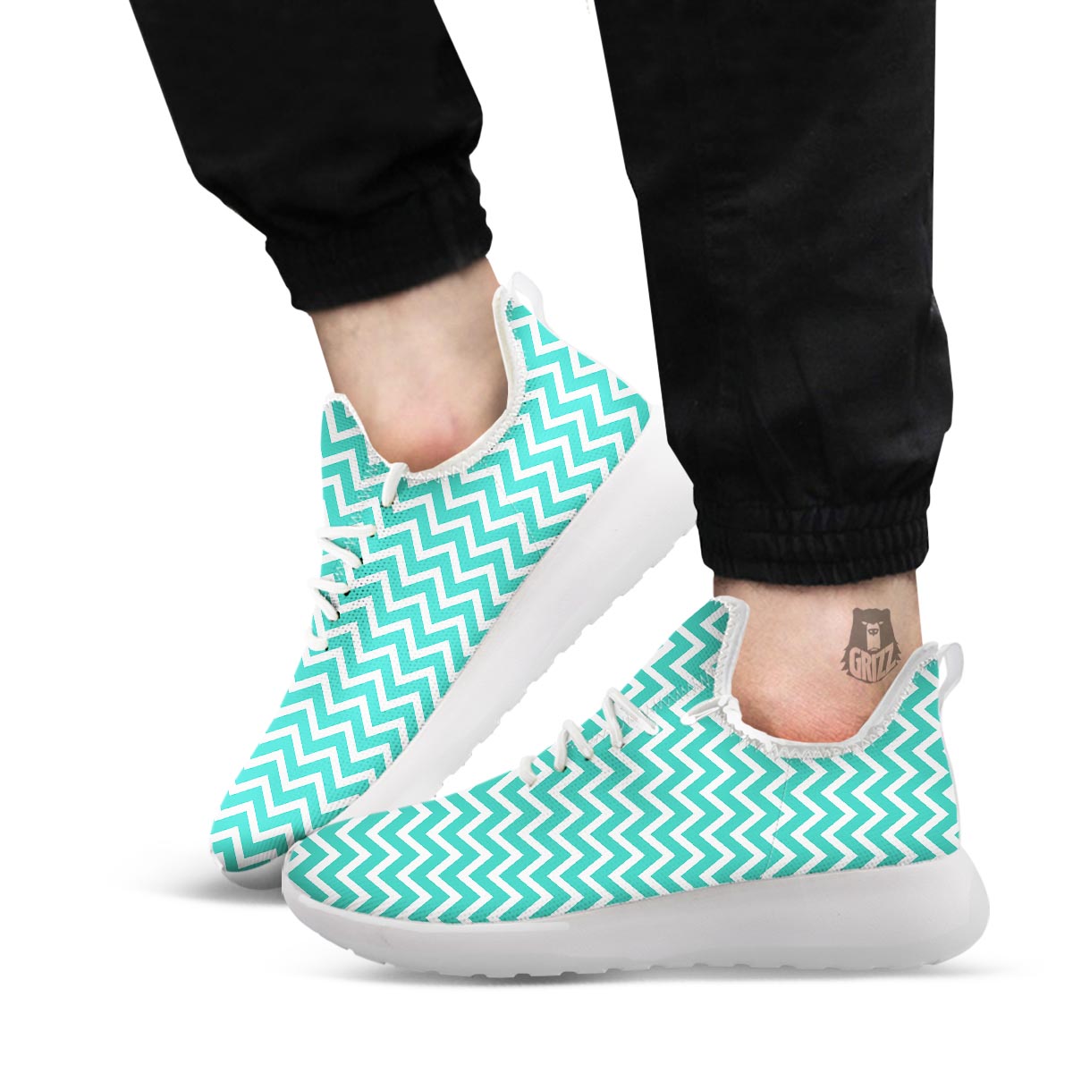 Chevron White And Teal Print Pattern White Athletic Shoes-grizzshop