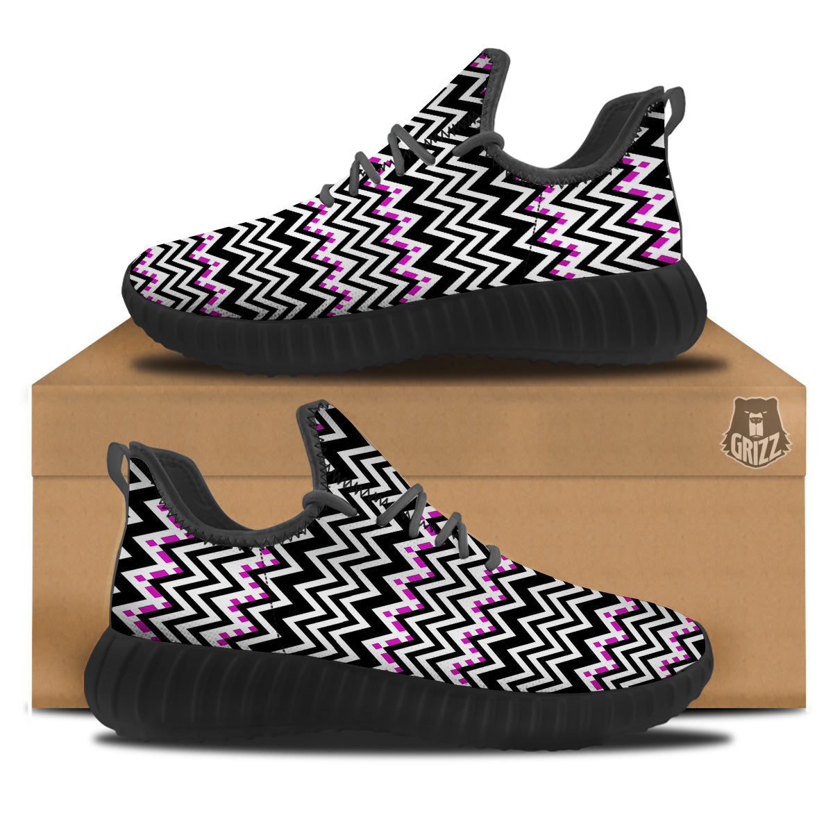 Chevron Zigzag Black Pink Print Pattern Black Walking Shoes-grizzshop