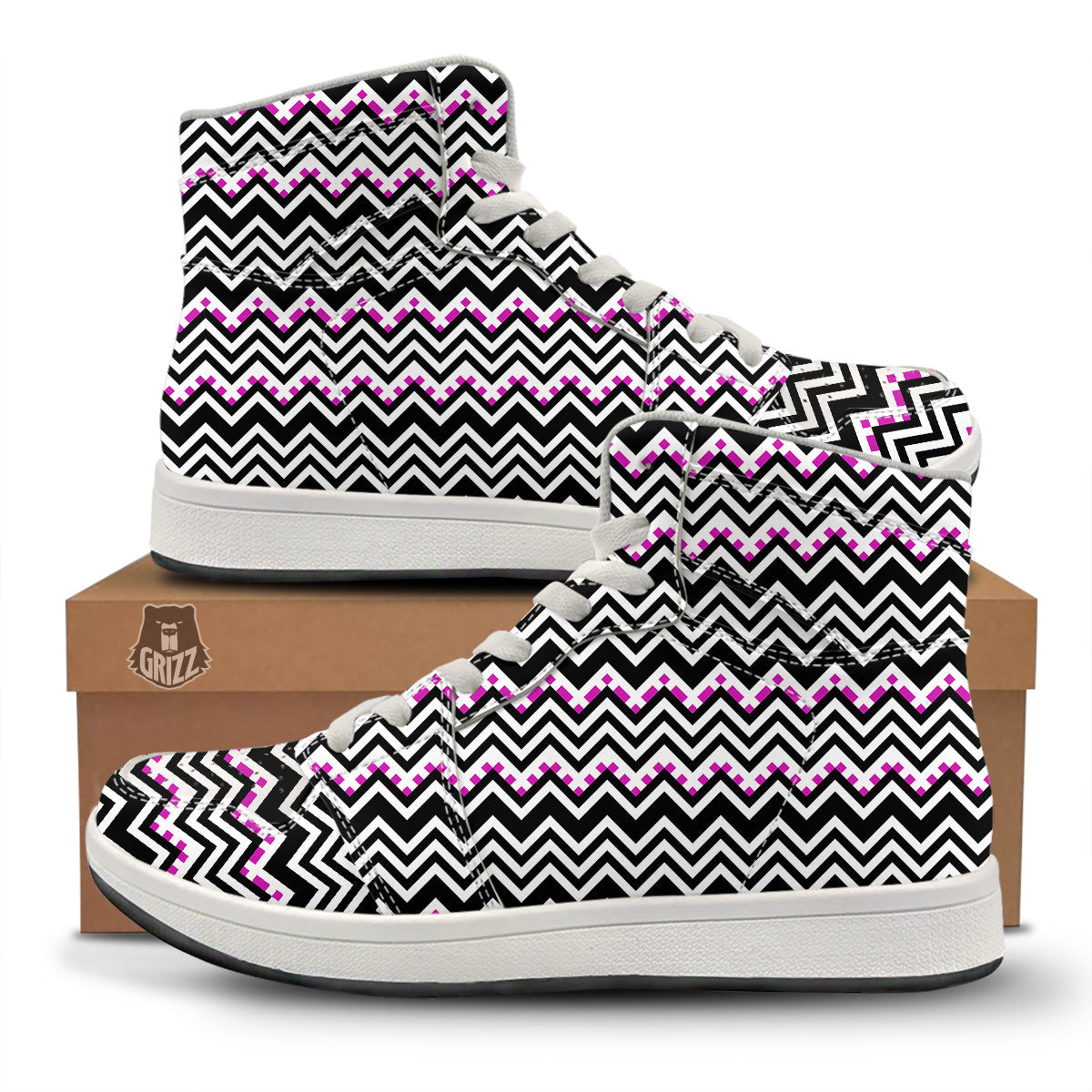 Chevron Zigzag Black Pink Print Pattern High Top Sneakers-grizzshop