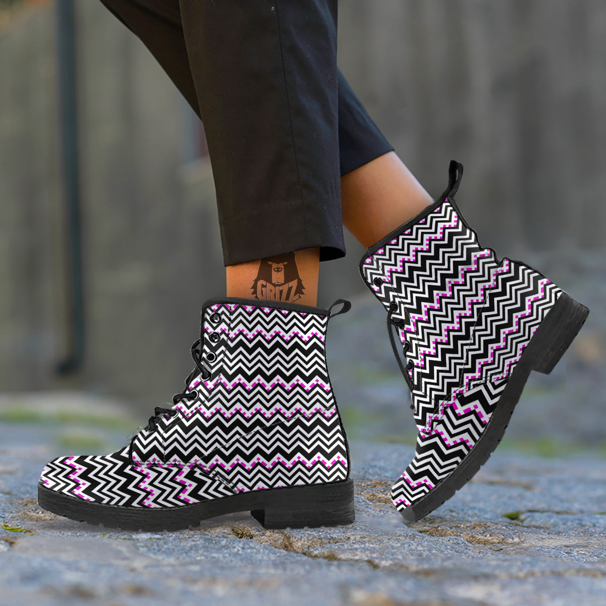 Chevron Zigzag Black Pink Print Pattern Leather Boots-grizzshop
