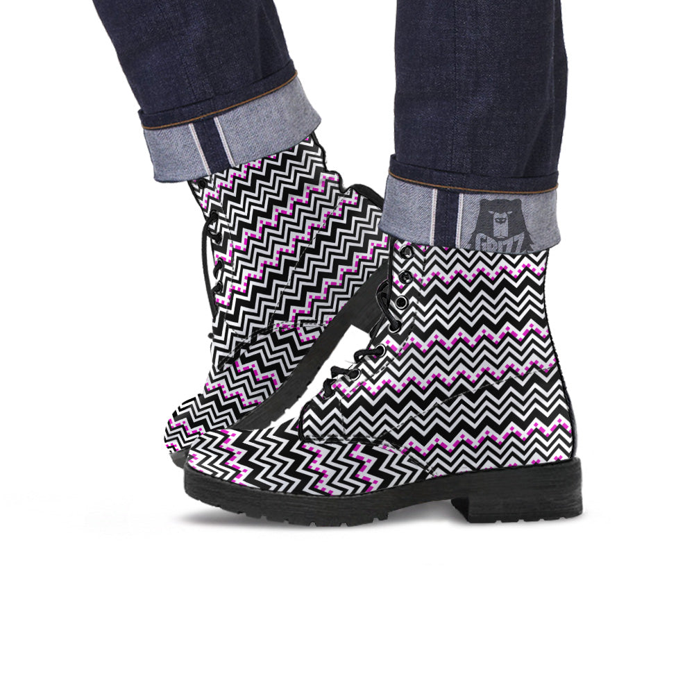 Chevron Zigzag Black Pink Print Pattern Leather Boots-grizzshop