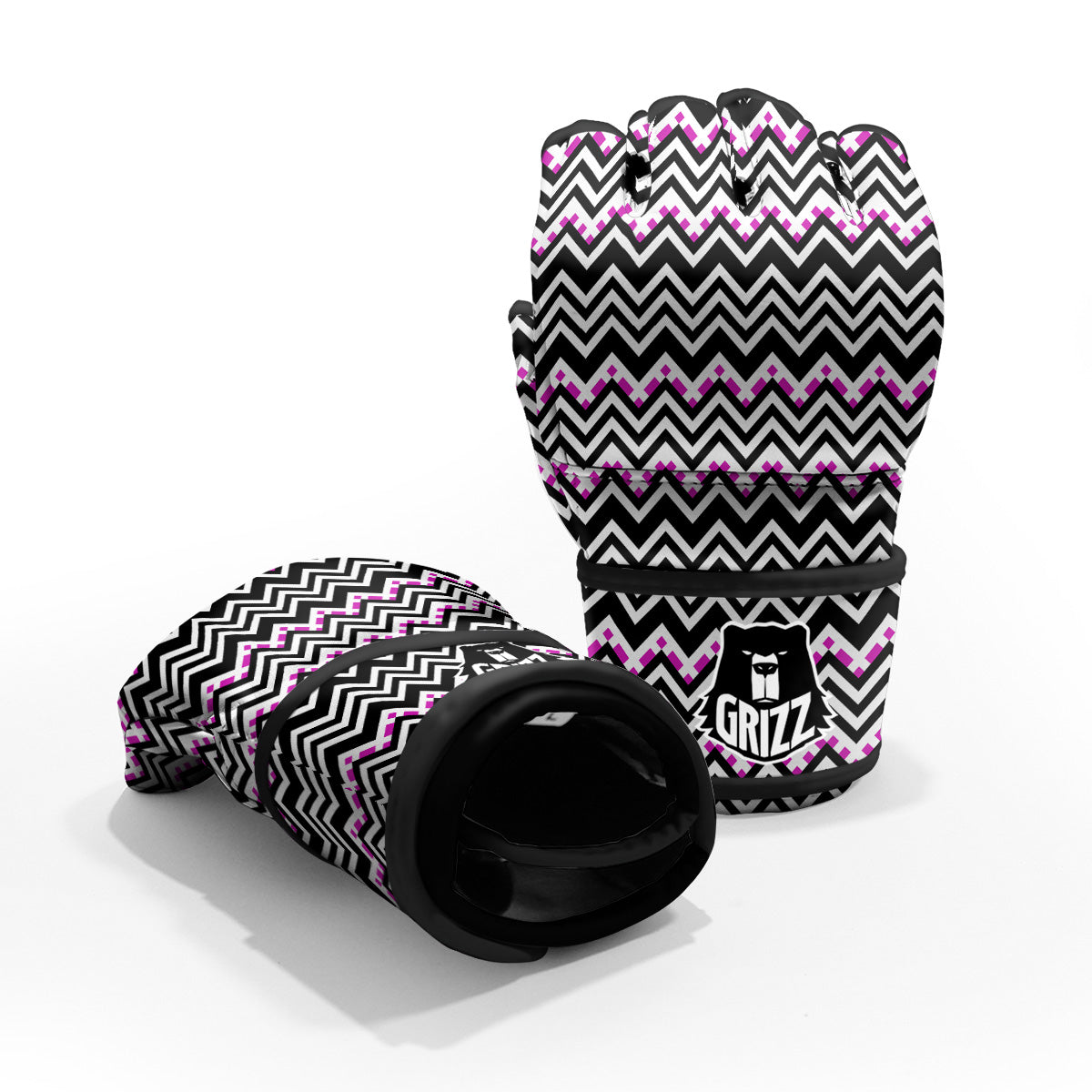 Chevron Zigzag Black Pink Print Pattern MMA Gloves-grizzshop