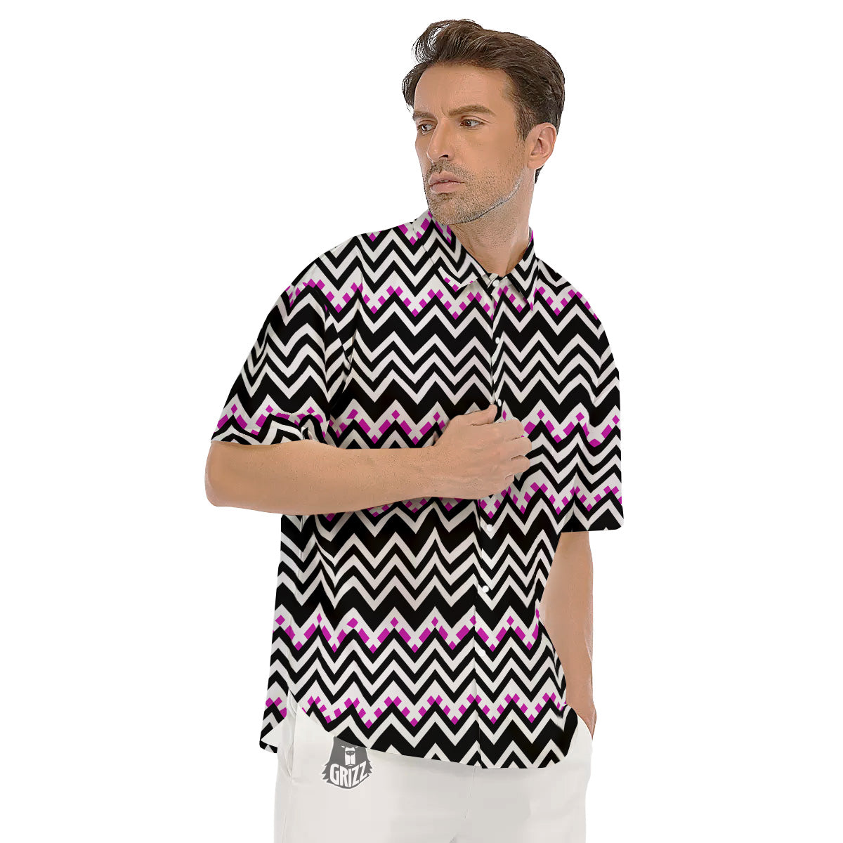 Chevron Zigzag Black Pink Print Pattern Men's Short Sleeve Shirts-grizzshop