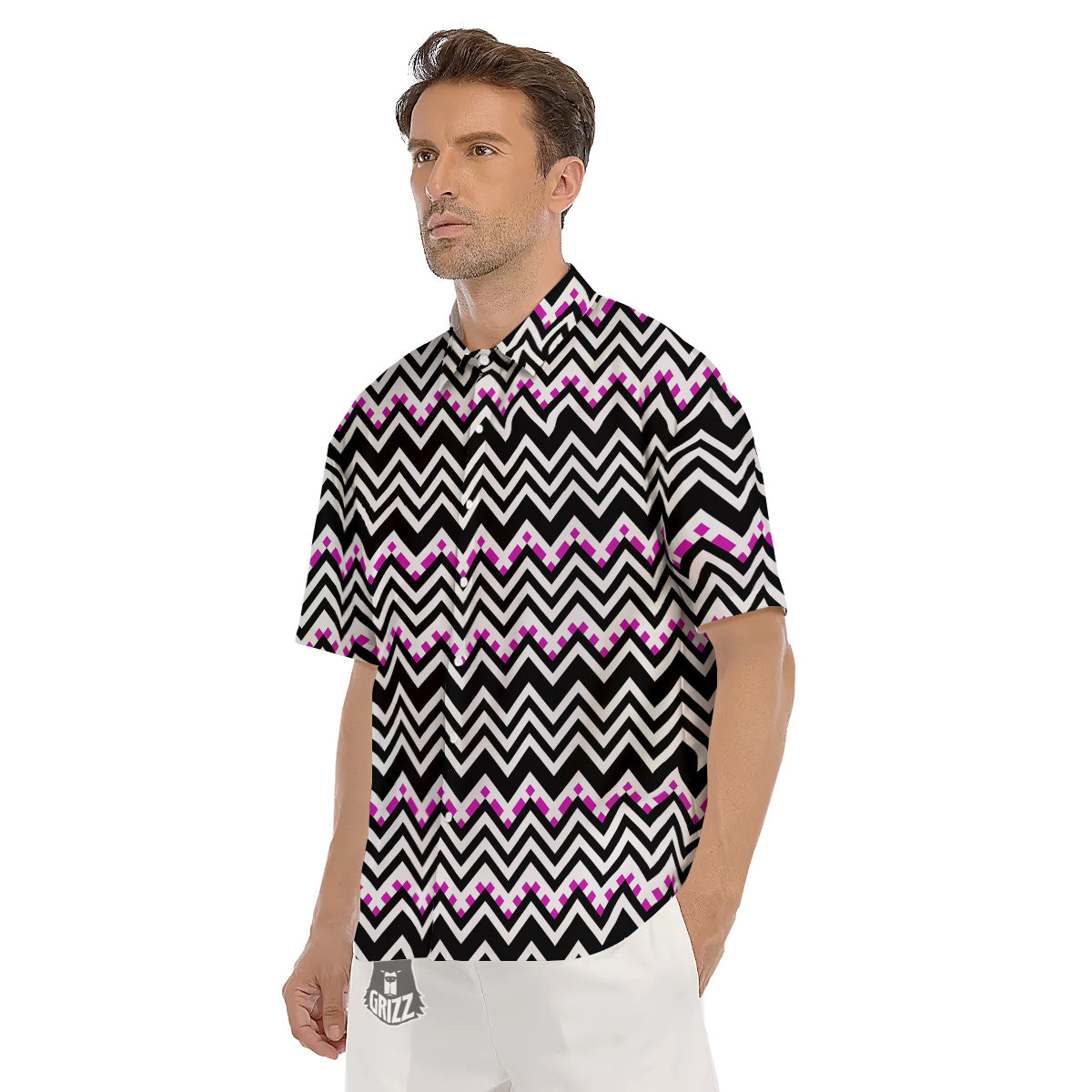 Chevron Zigzag Black Pink Print Pattern Men's Short Sleeve Shirts-grizzshop