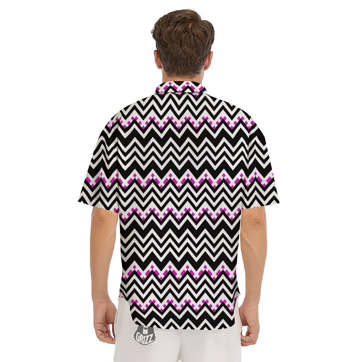 Chevron Zigzag Black Pink Print Pattern Men's Short Sleeve Shirts-grizzshop