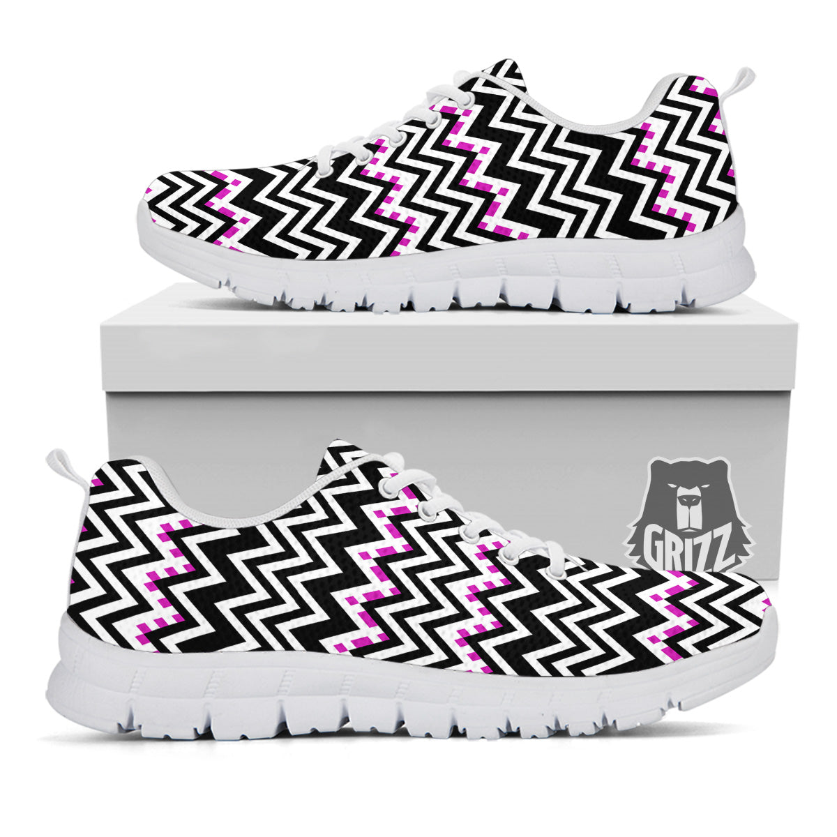 Chevron Zigzag Black Pink Print Pattern White Sneaker-grizzshop