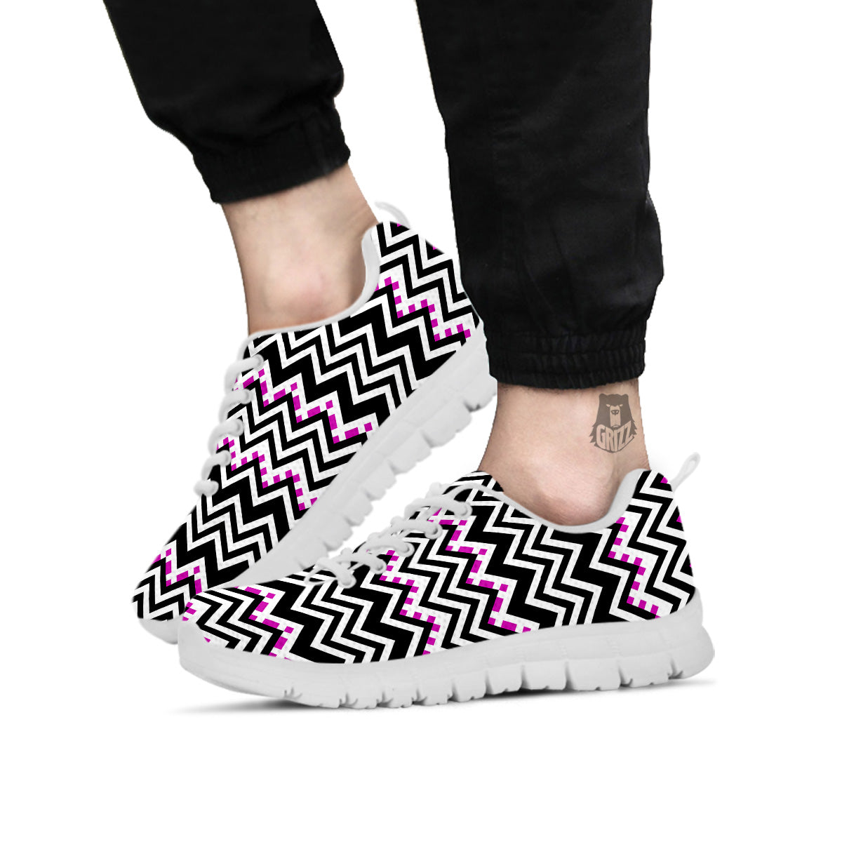 Chevron Zigzag Black Pink Print Pattern White Sneaker-grizzshop