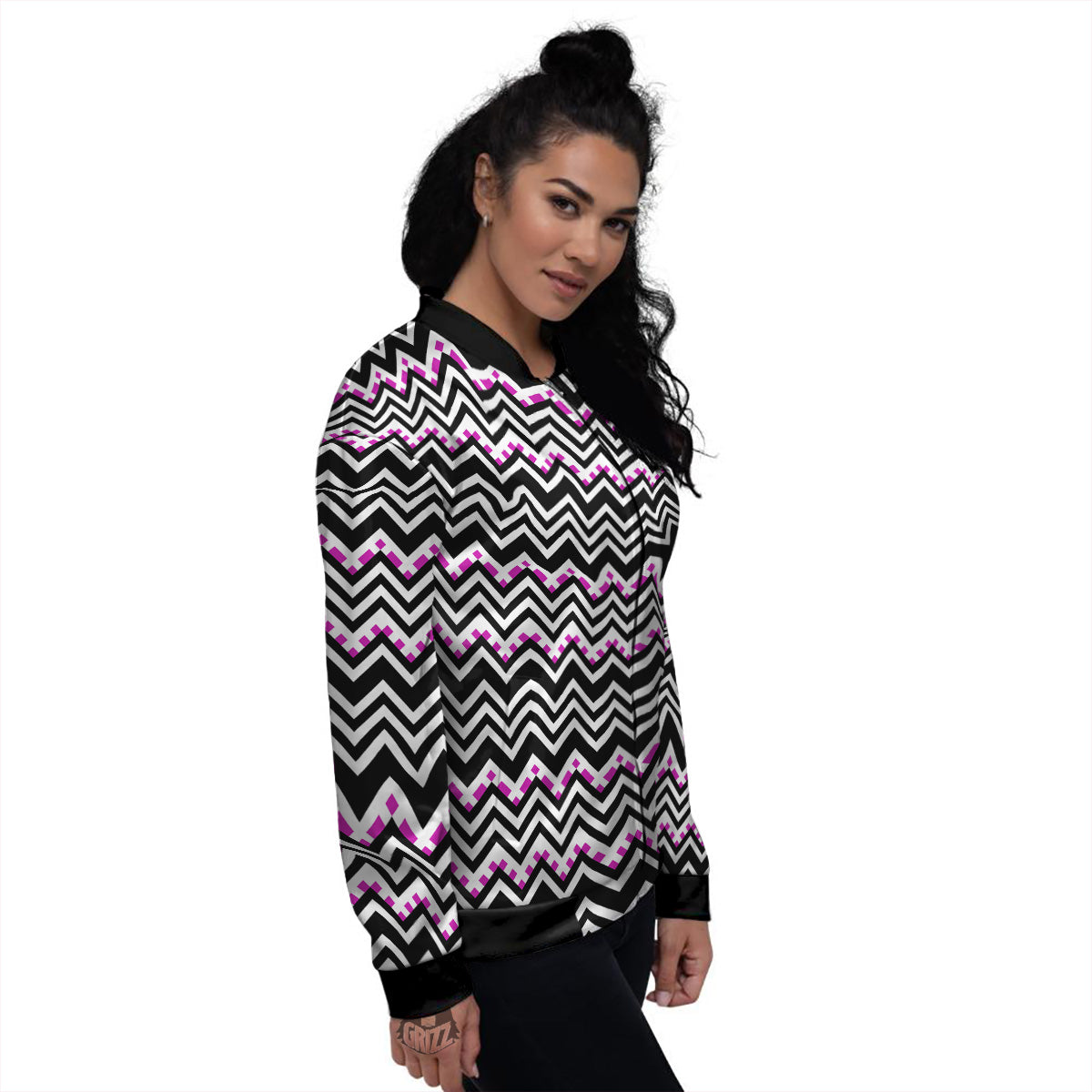 Chevron Zigzag Black Pink Print Pattern Women's Bomber Jacket-grizzshop