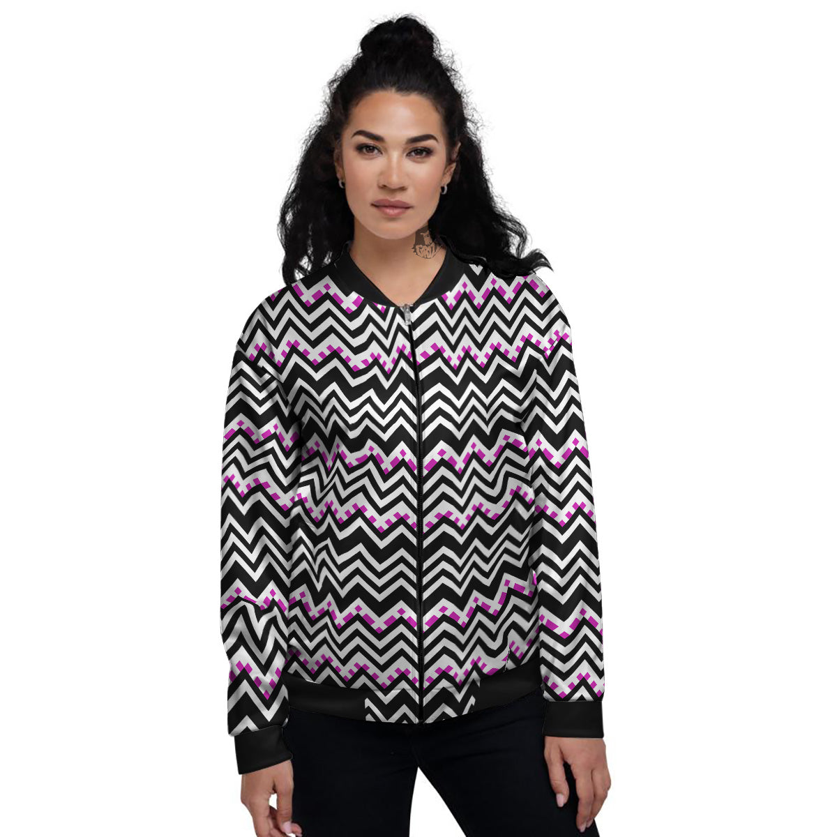Chevron Zigzag Black Pink Print Pattern Women's Bomber Jacket-grizzshop