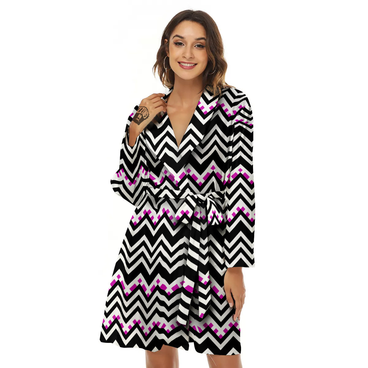 Chevron Zigzag Black Pink Print Pattern Women's Robe-grizzshop