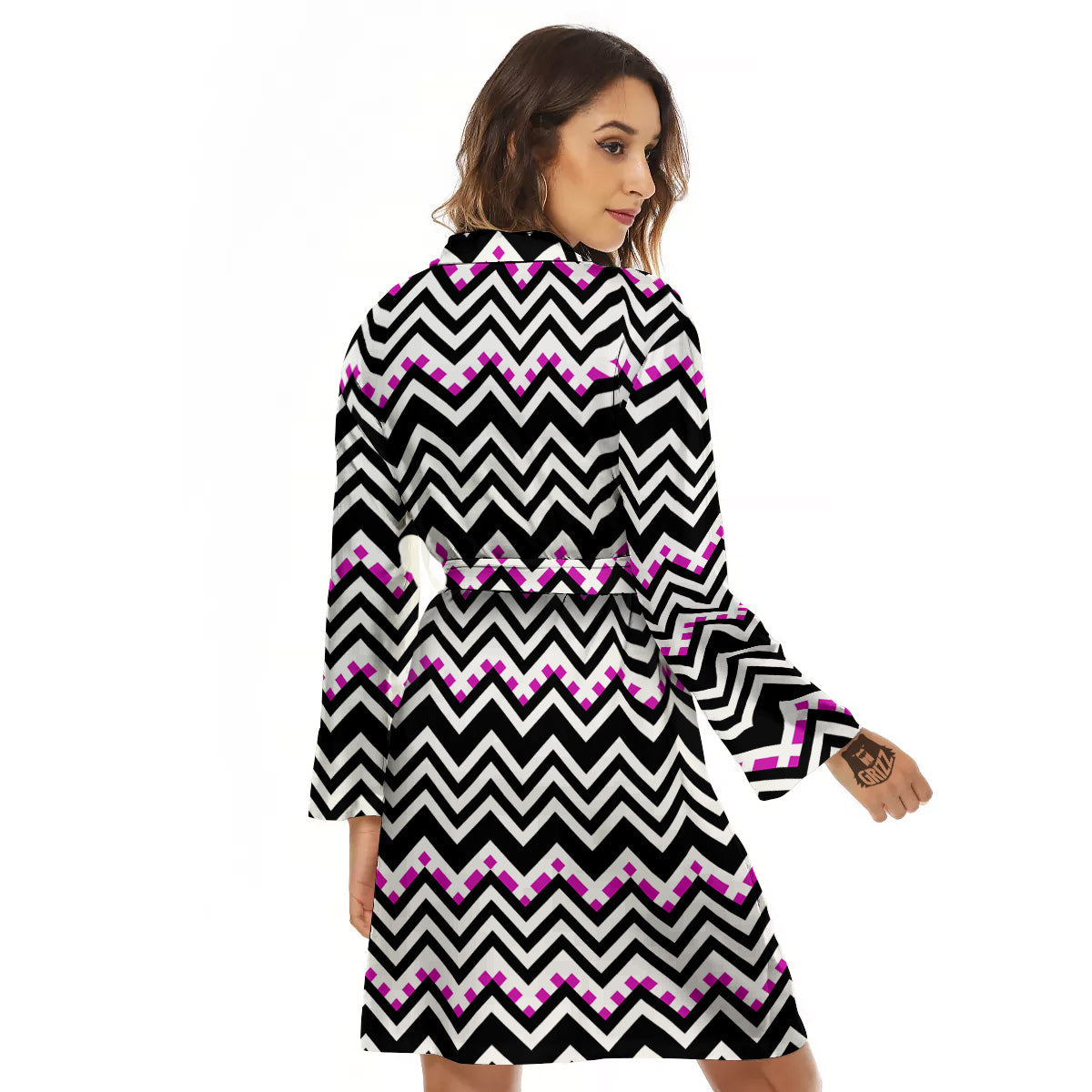 Chevron Zigzag Black Pink Print Pattern Women's Robe-grizzshop