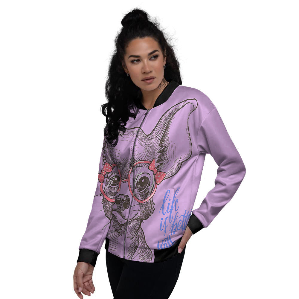 Chihuahua With Glasses Cute Print Women's Bomber Jacket-grizzshop