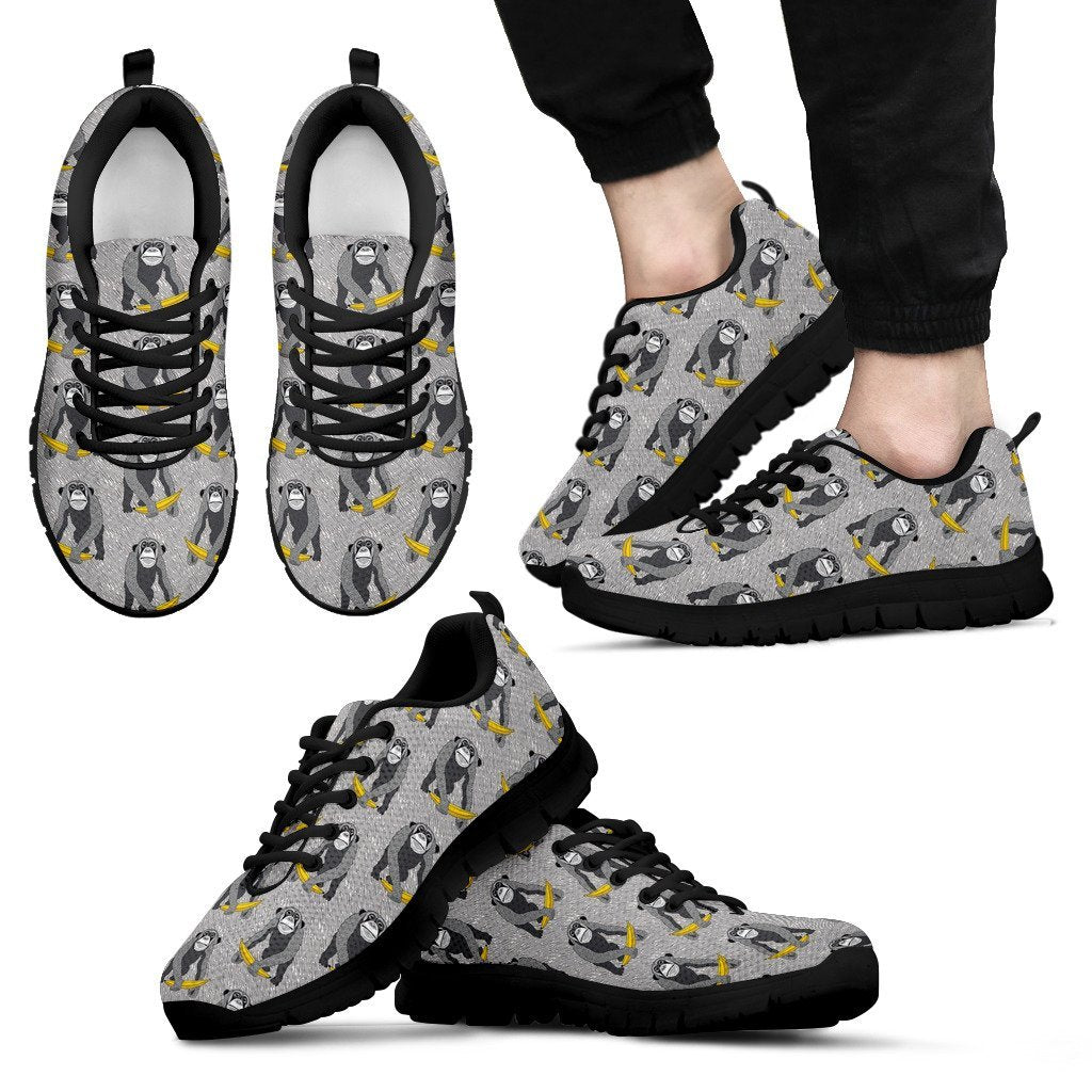 Chimp Monkey Banana Pattern Print Black Sneaker Shoes For Men Women-grizzshop